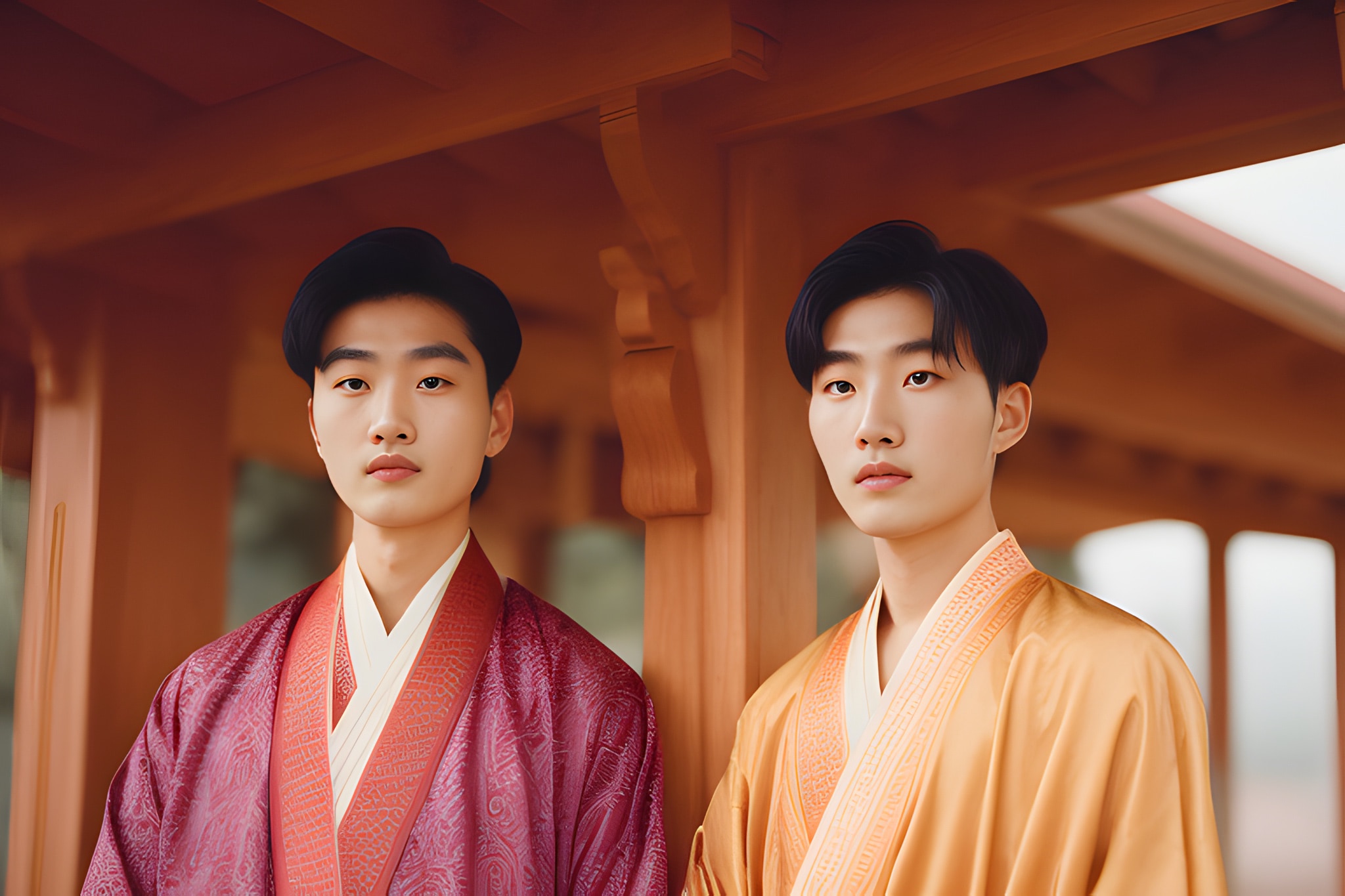 Portrait of two young men in traditional Korean hanbok.