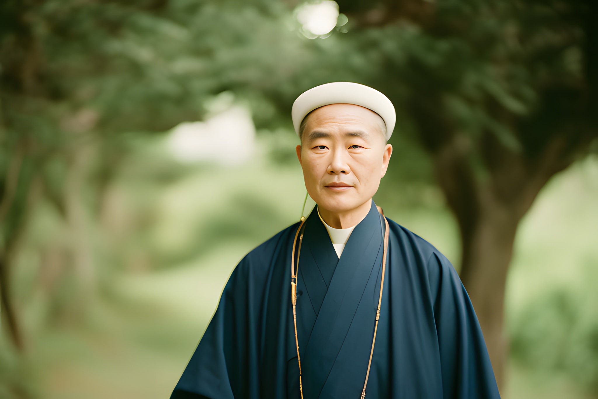 Portrait of a Korean elder in a dark robe and white hat, outdoors.