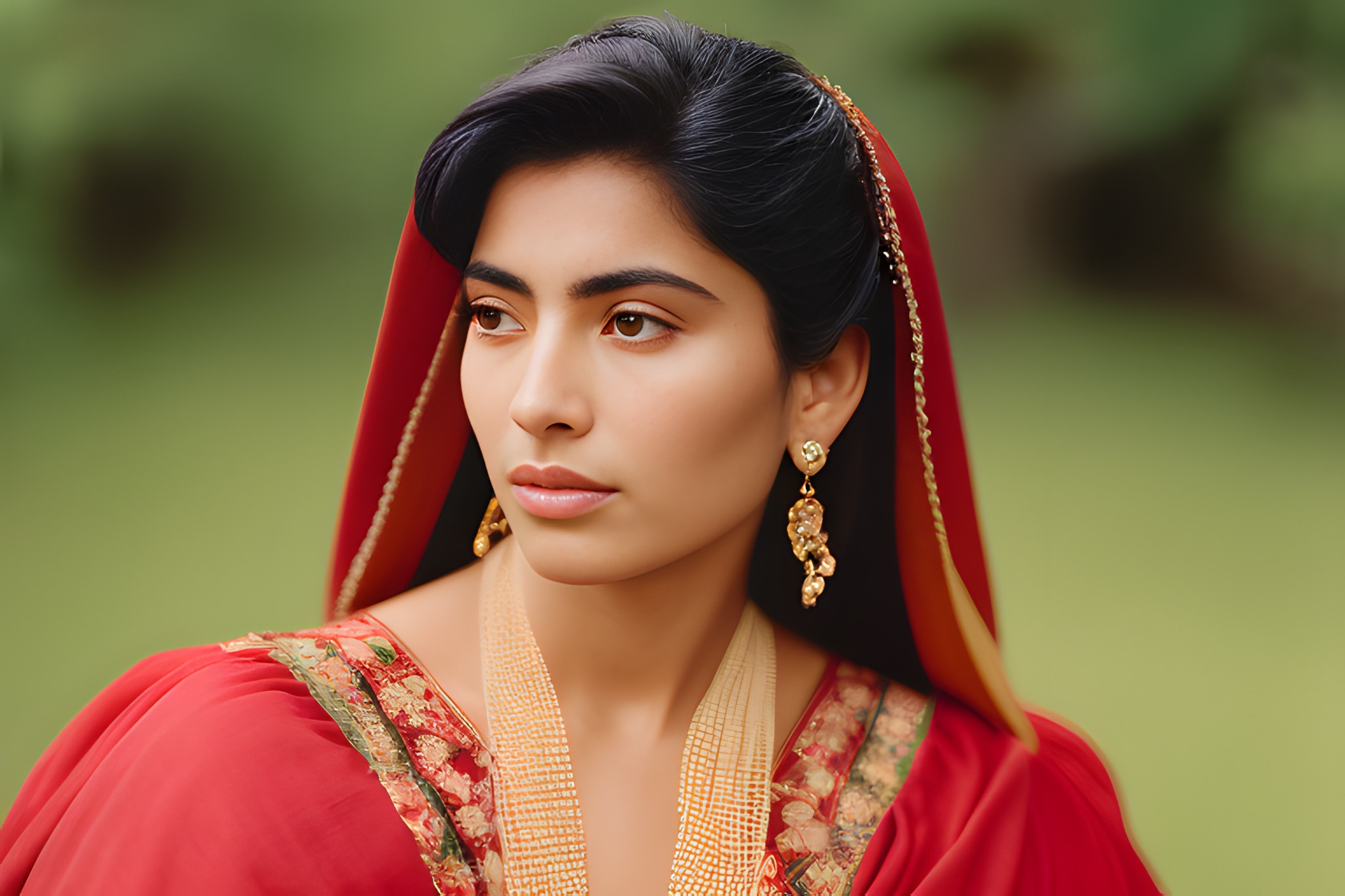 Close-up portrait of a woman wearing a red garment and gold jewelry.