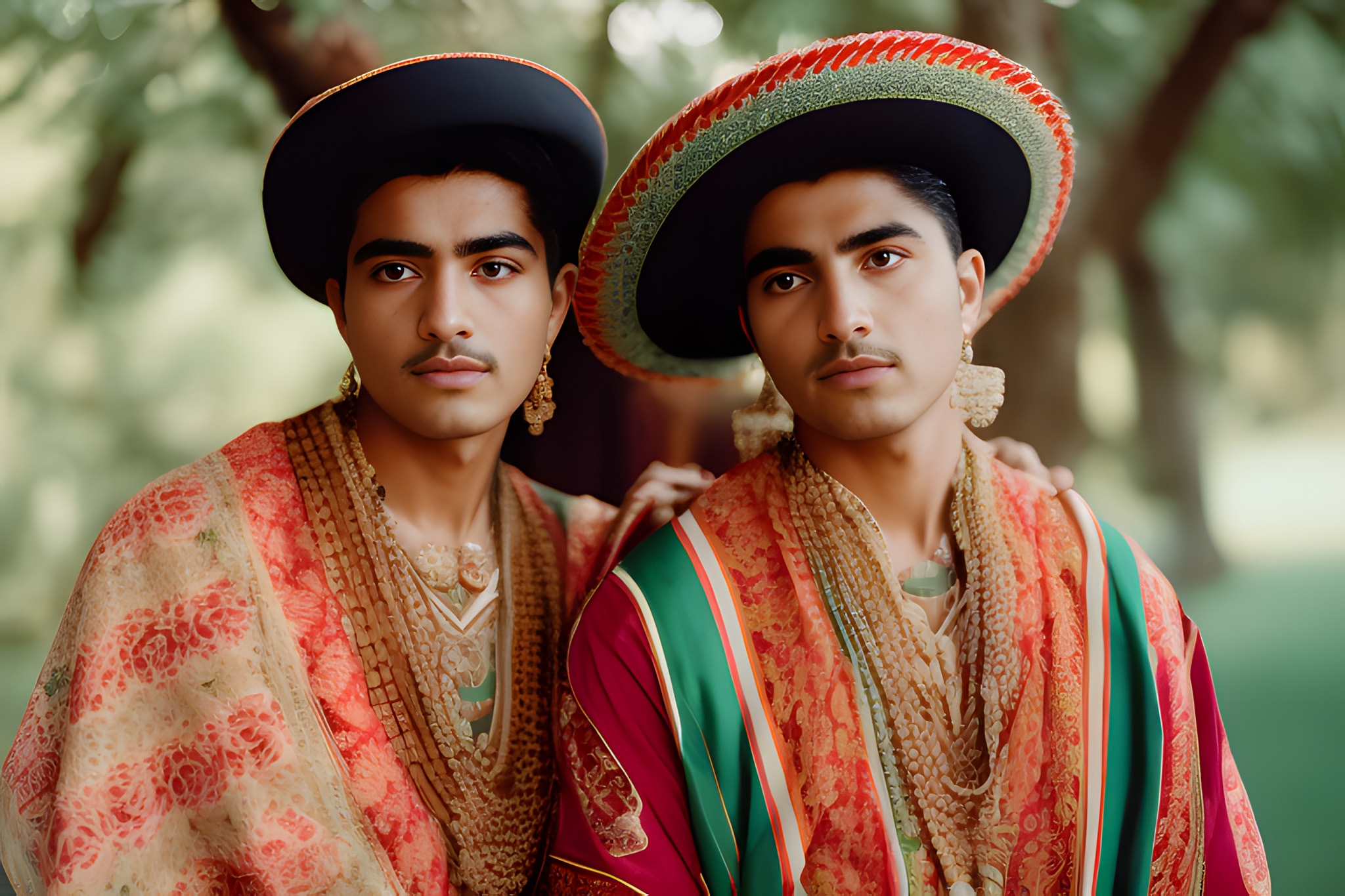 Portrait of two young men in traditional Mexican attire.