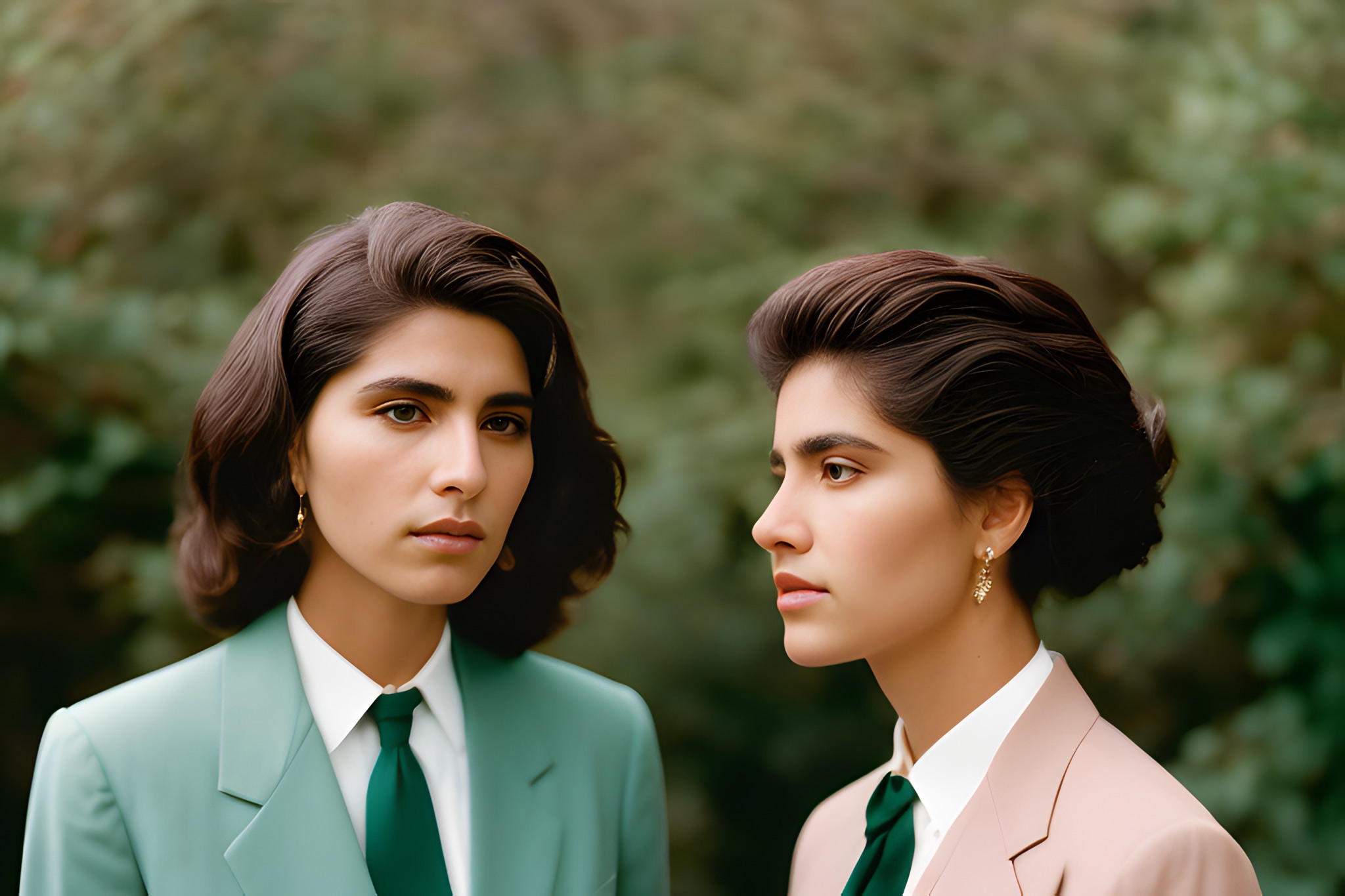 Portrait of two women in suits, looking at each other.