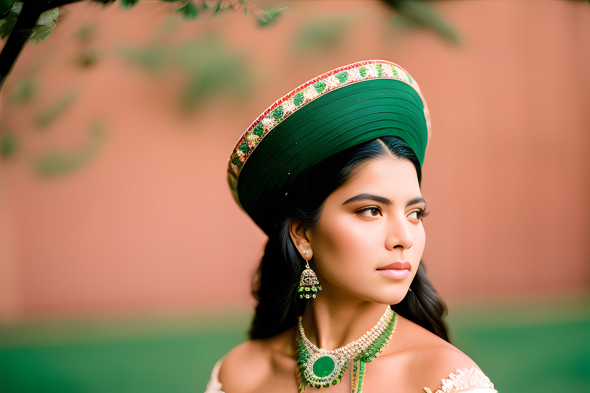Portrait of a woman wearing a green and gold headdress and jewelry.