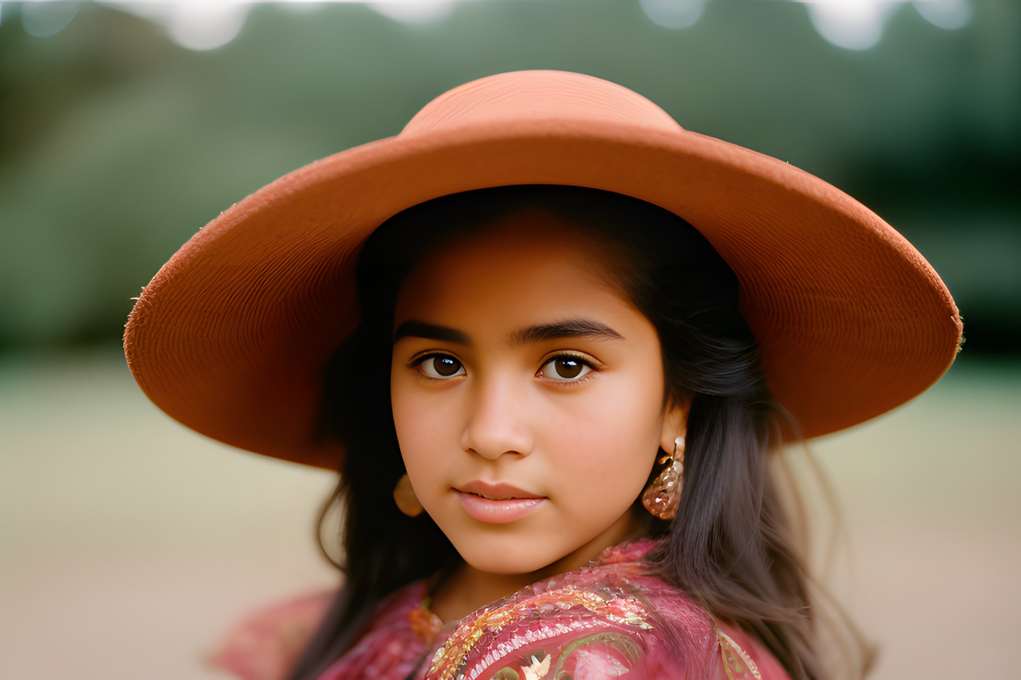 Portrait of a young girl wearing a terracotta-colored hat and a patterned reddish-brown top.