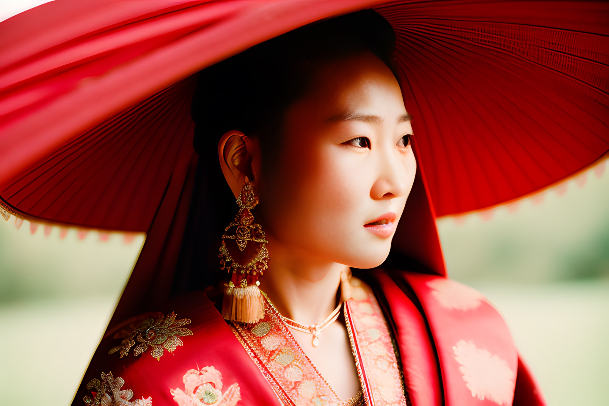Portrait of a Mongolian woman wearing a large red hat and ornate red clothing.
