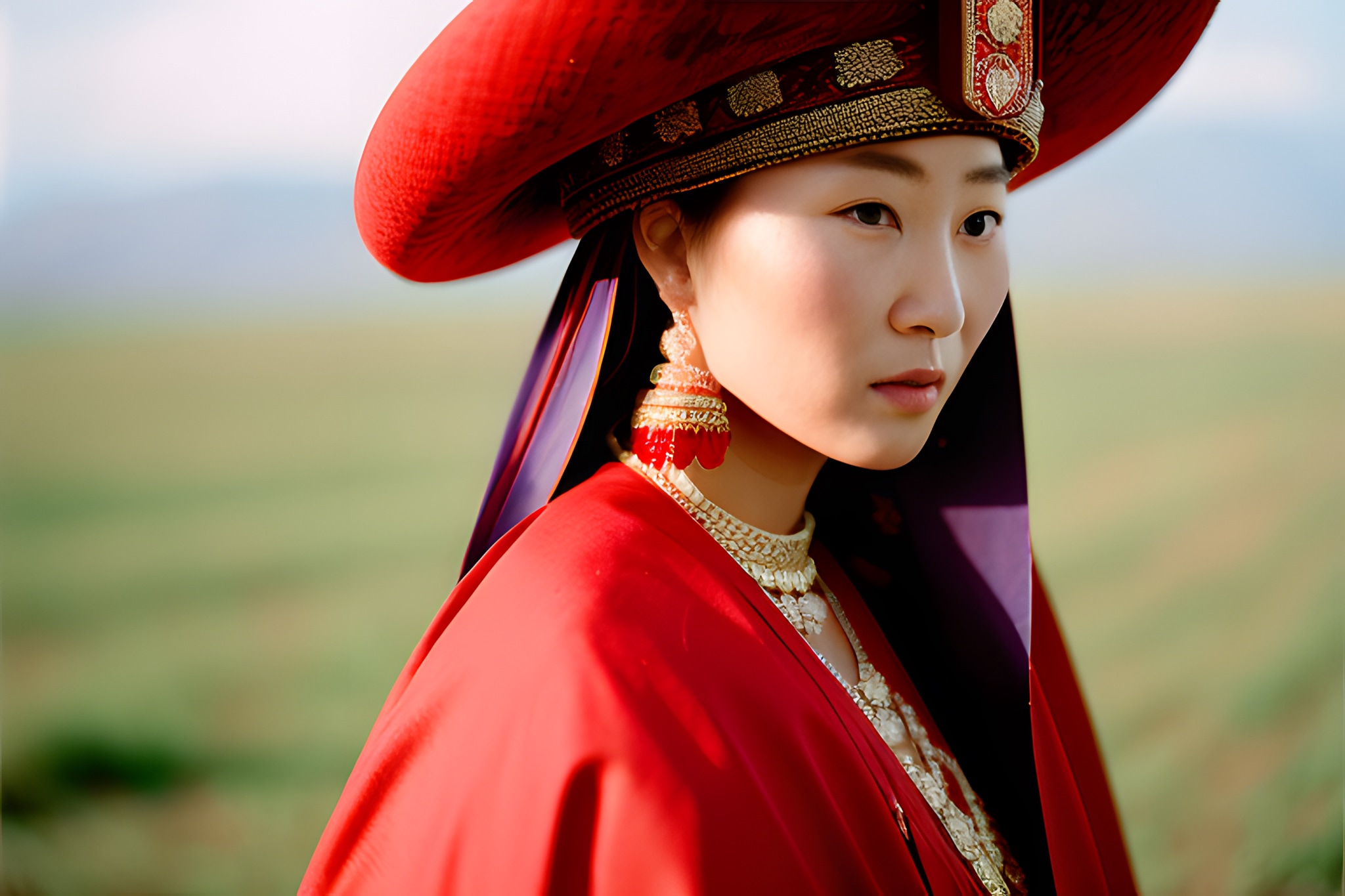 Portrait of a Mongolian woman in traditional red clothing and hat.
