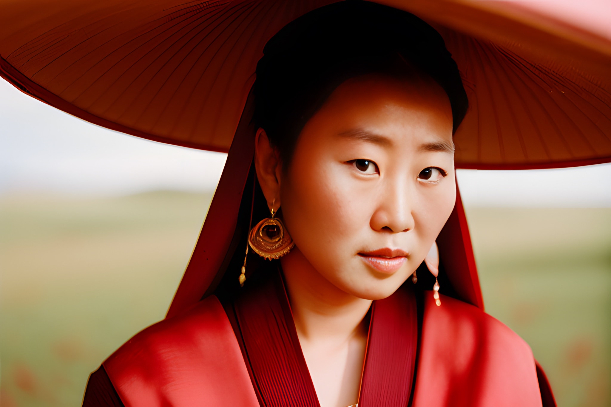 Close-up portrait of a Mongolian woman wearing a red hat and traditional clothing.