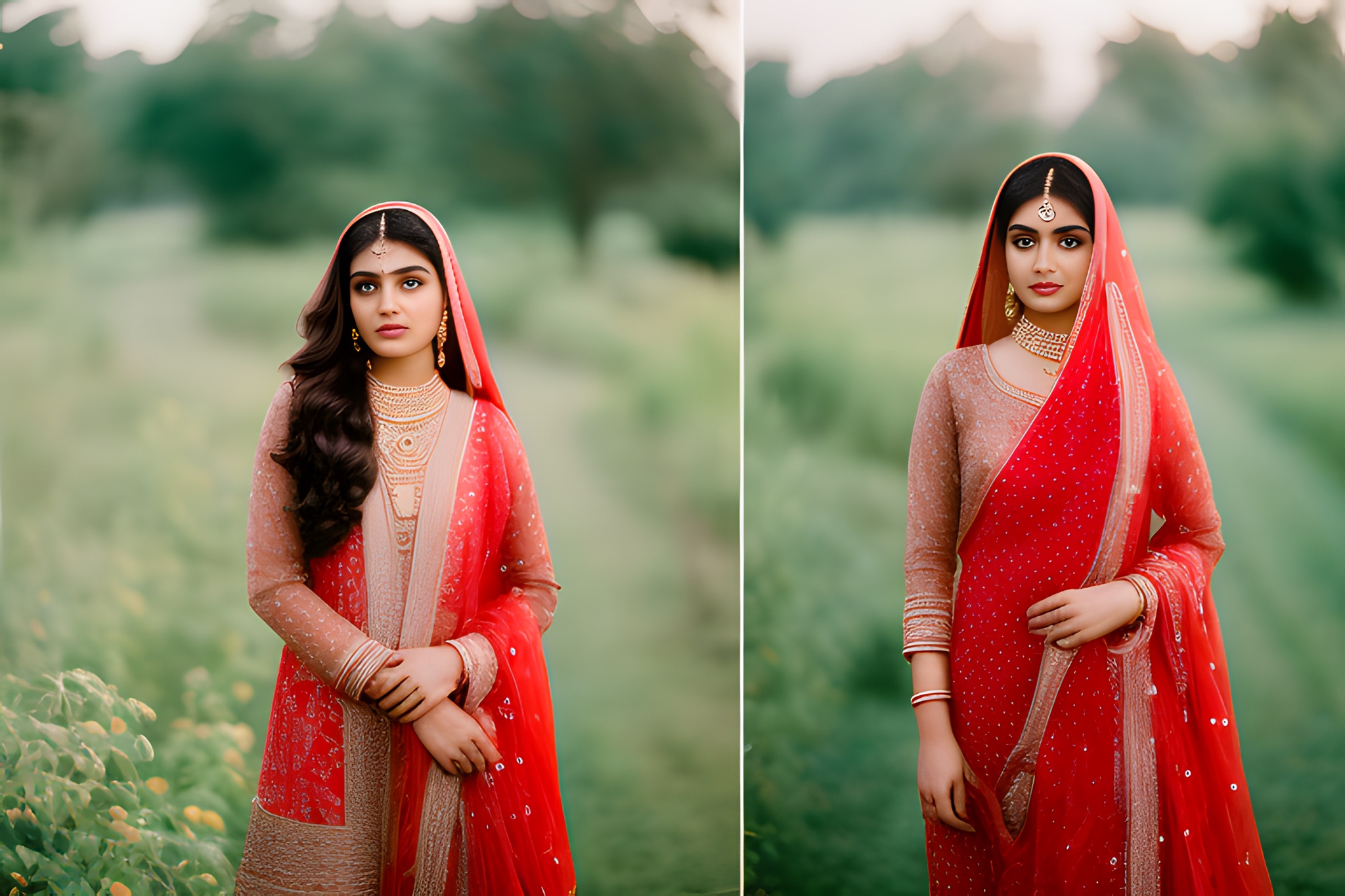 Diptych portrait of a Pakistani woman in a red and gold shalwar kameez and dupatta.