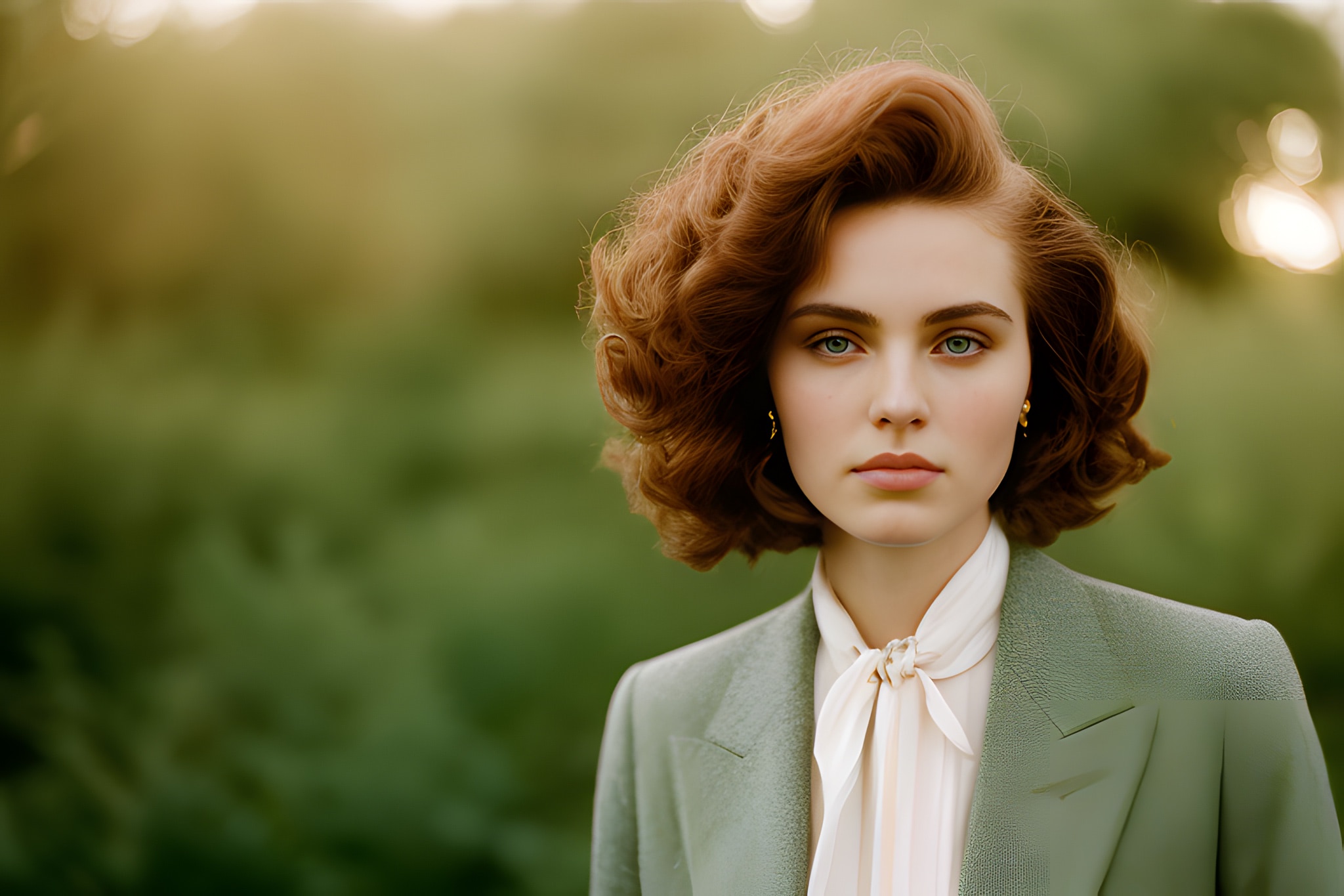 Portrait of a young woman with curly auburn hair, wearing a sage green blazer and white blouse.