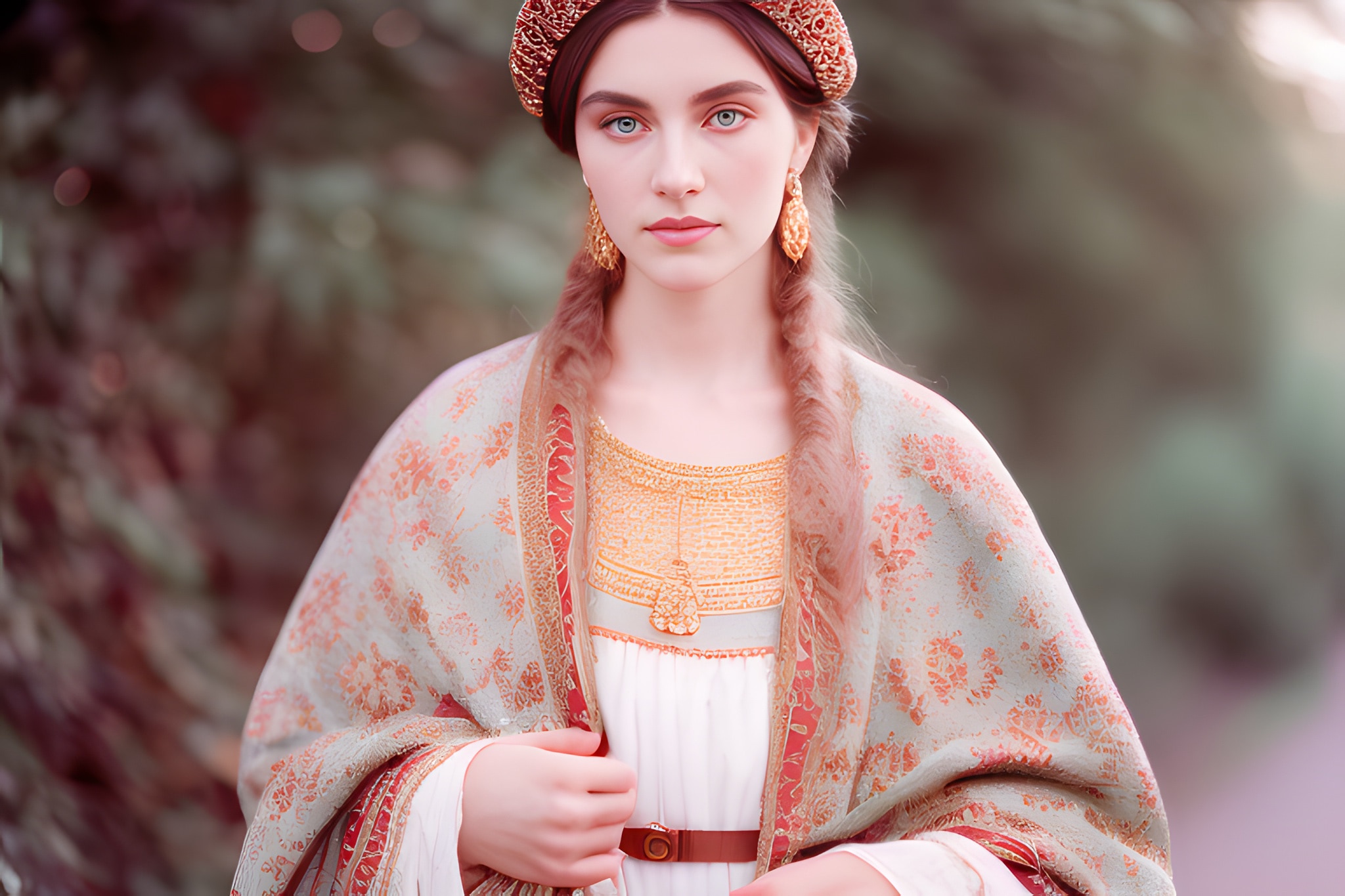 Portrait of a young woman in a traditional Russian-style dress and headpiece.