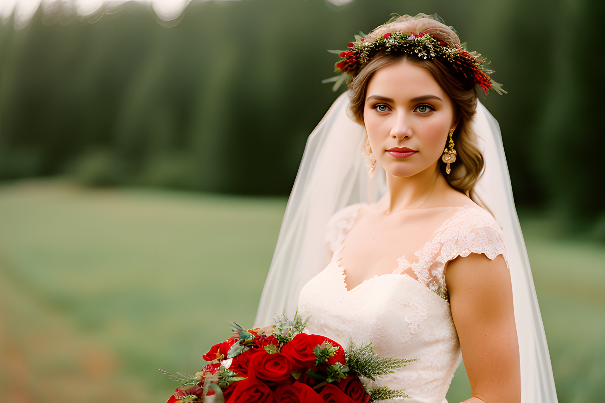 Portrait of a bride in a lace wedding dress, wearing a flower crown and holding a red rose bouquet.