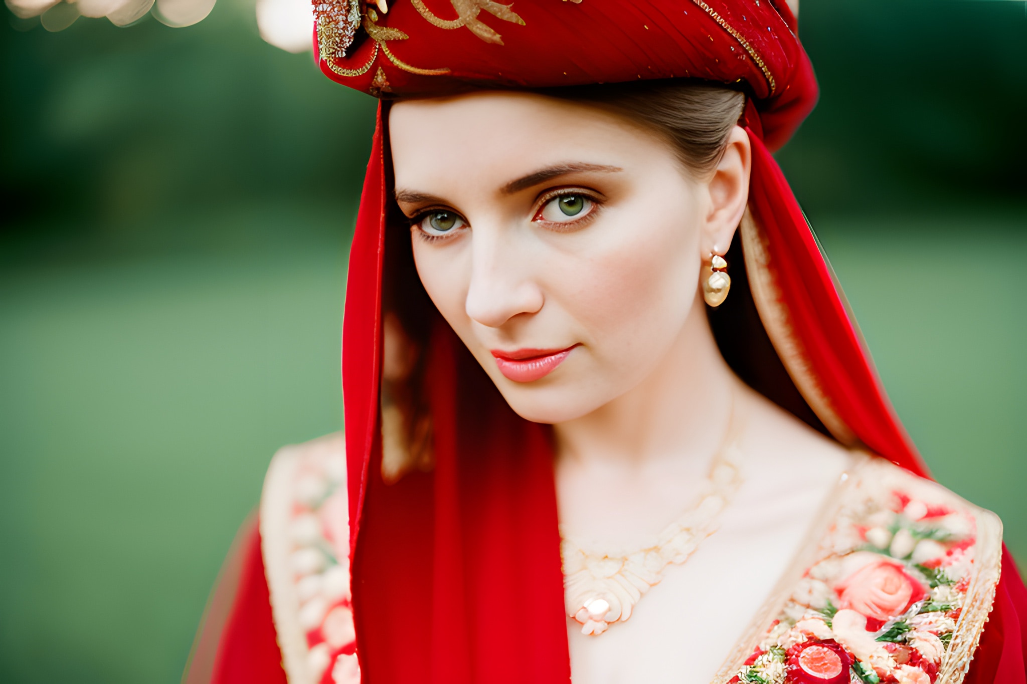 Close-up portrait of a woman wearing a red headscarf and ornate clothing.