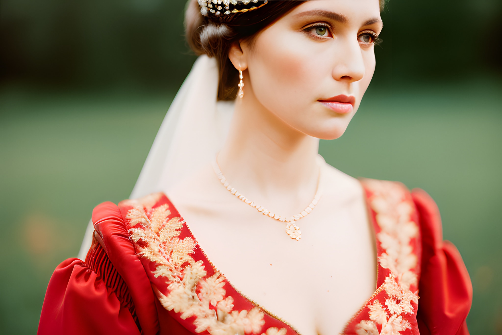 Close-up portrait of a woman in a red, gold-embroidered dress and ornate headpiece.
