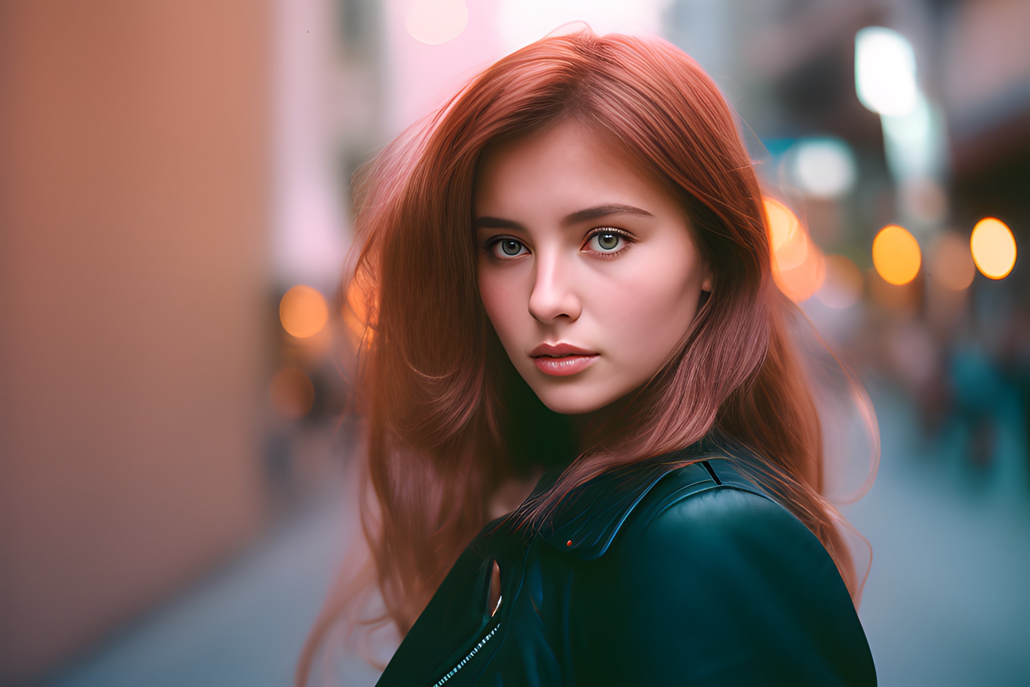 Close-up portrait of a young woman with long red hair wearing a dark leather jacket.