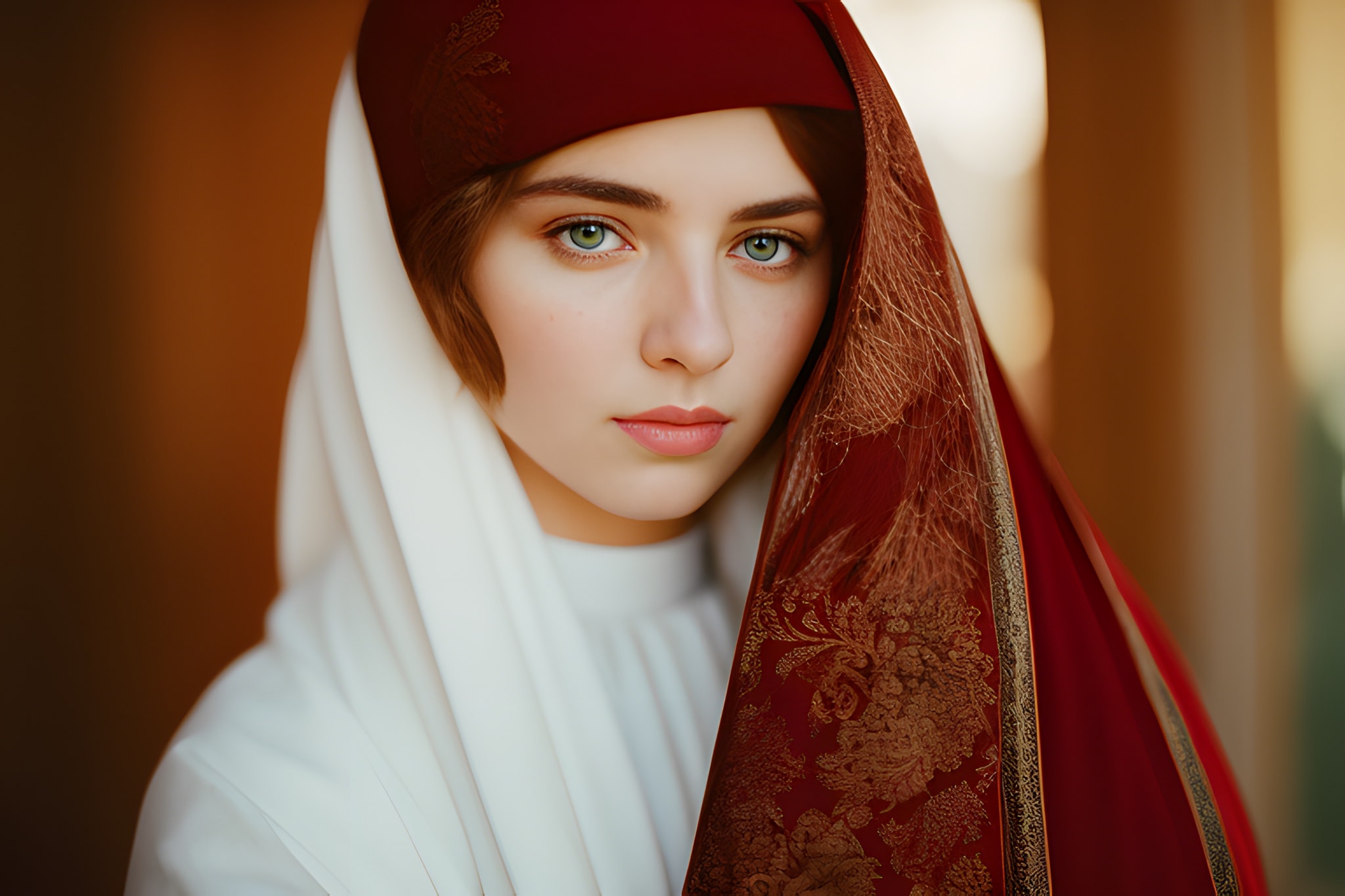 Close-up portrait of a young woman wearing a red and gold patterned headscarf and white garment.