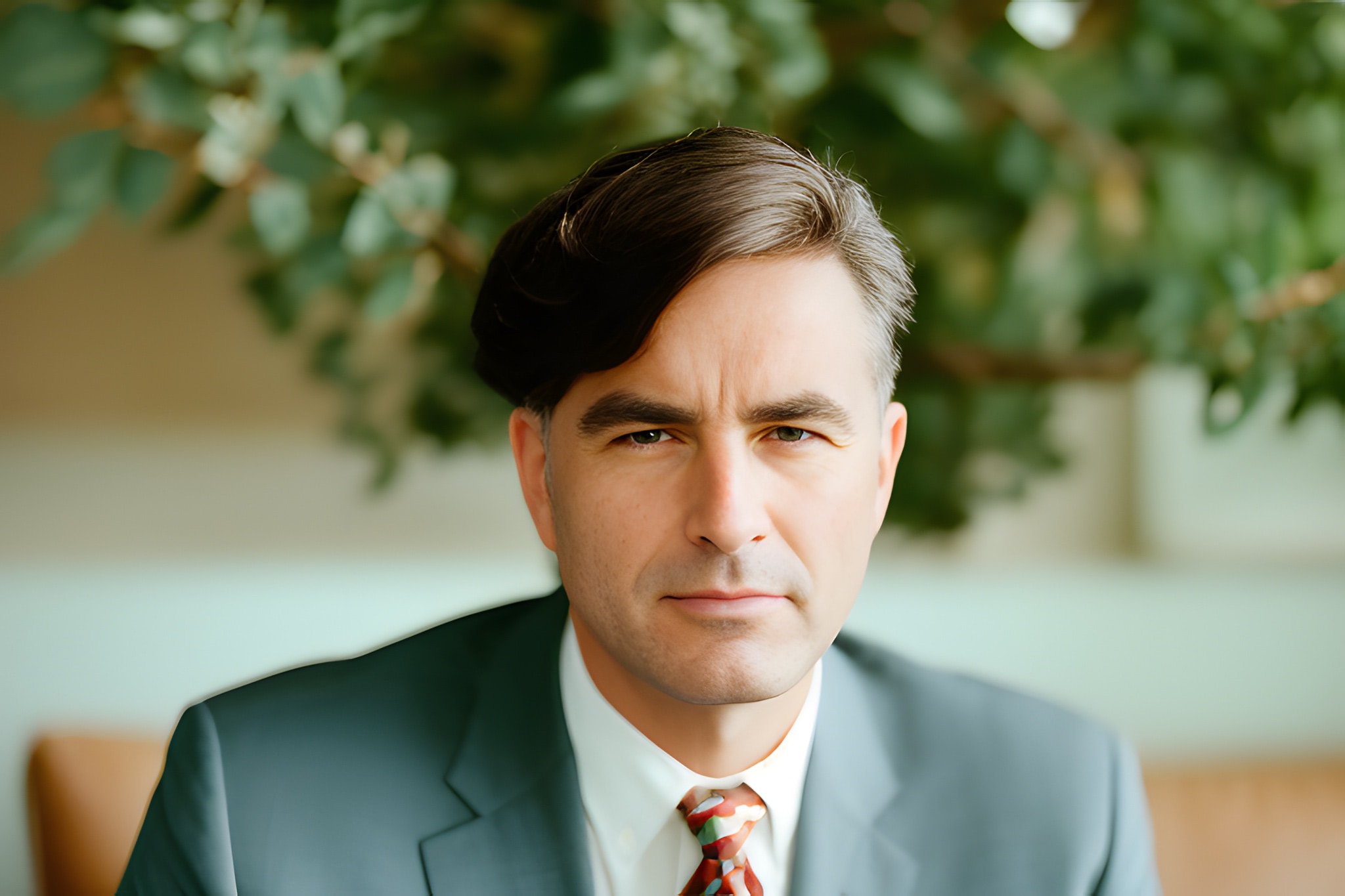 Portrait of a man in a suit, looking serious.