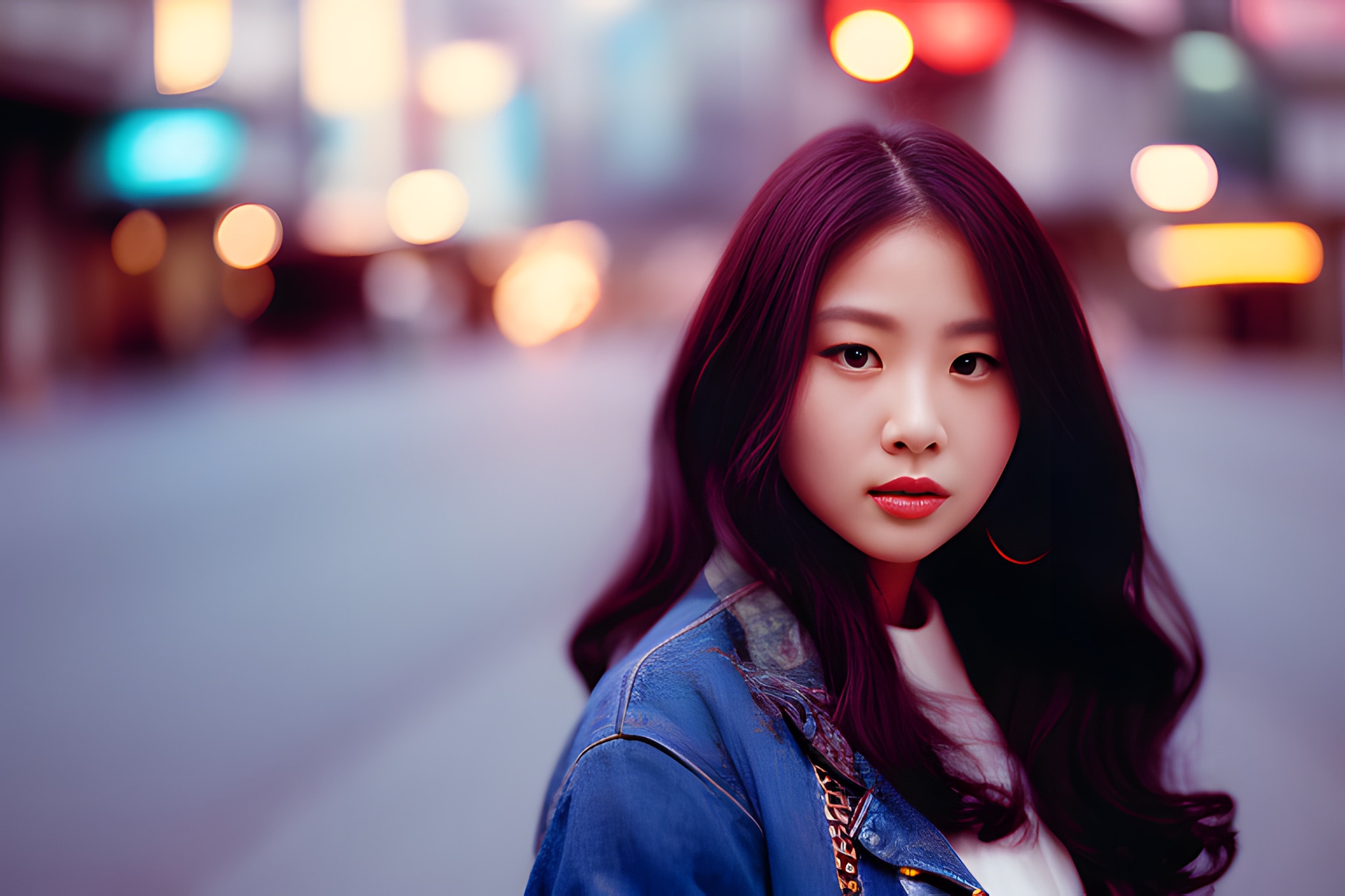 Portrait of a young woman with long dark purple hair, wearing a denim jacket, against a blurred city lights background.