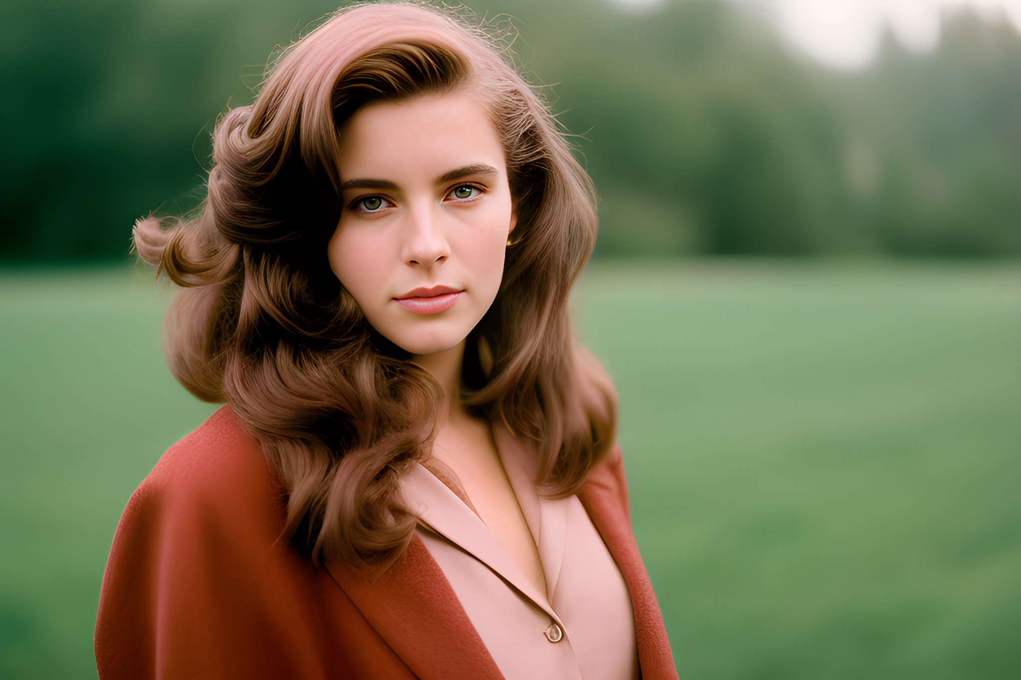 Portrait of a young woman with long brown wavy hair, wearing a rust-colored jacket.
