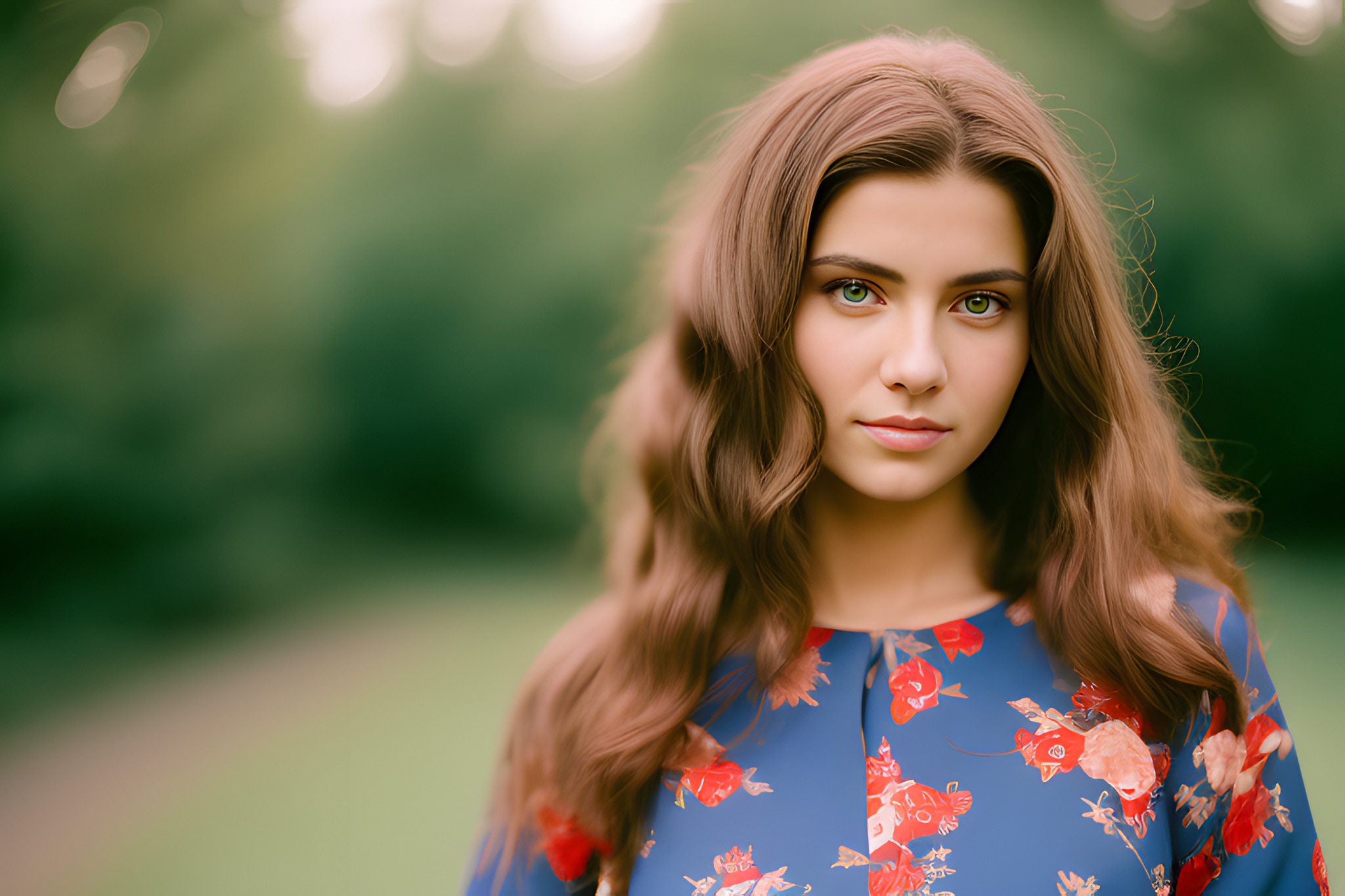 Portrait of a young woman with long brown hair and green eyes, wearing a floral dress.
