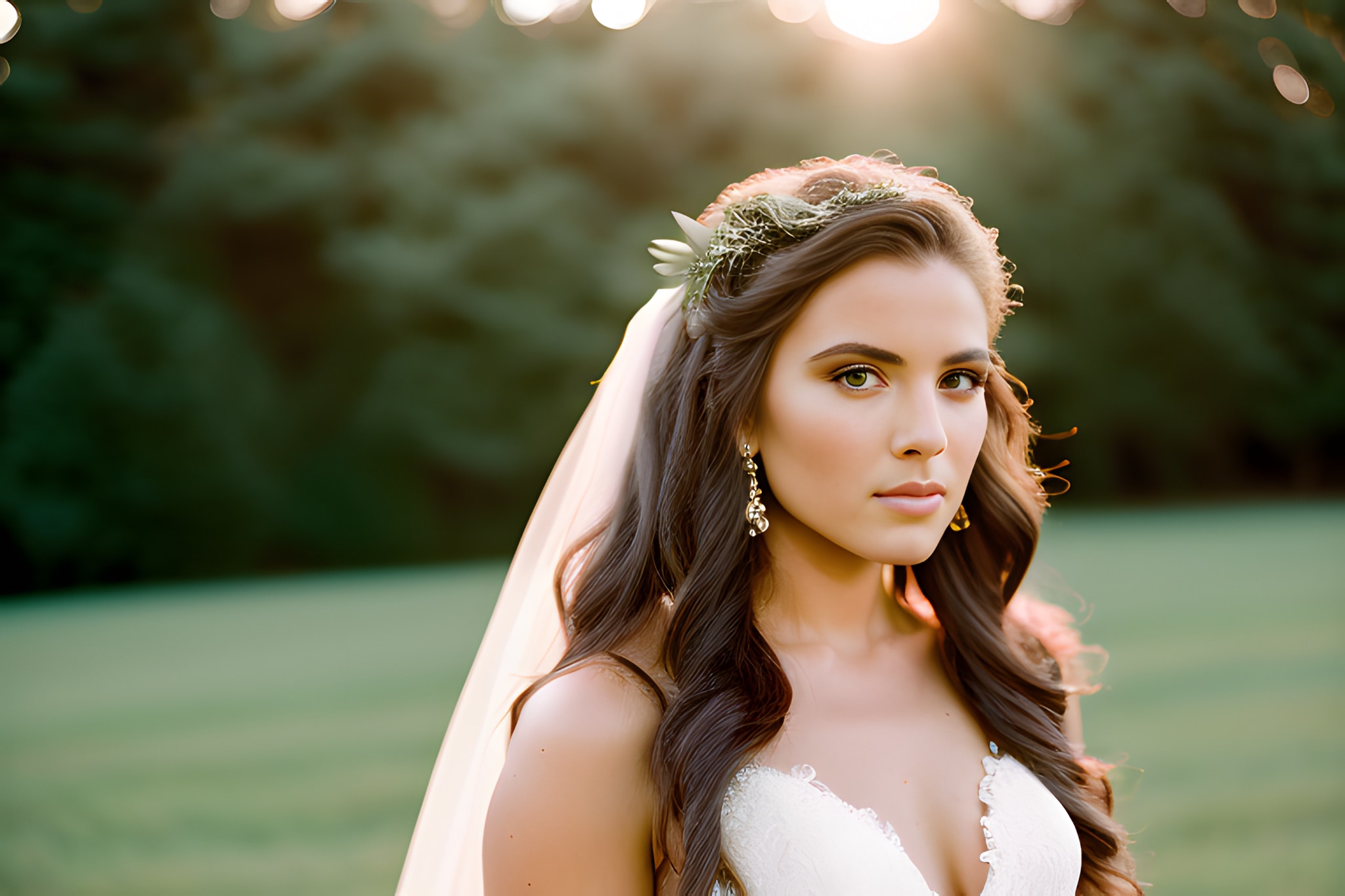 Portrait of a bride wearing a white wedding dress and floral hairpiece.