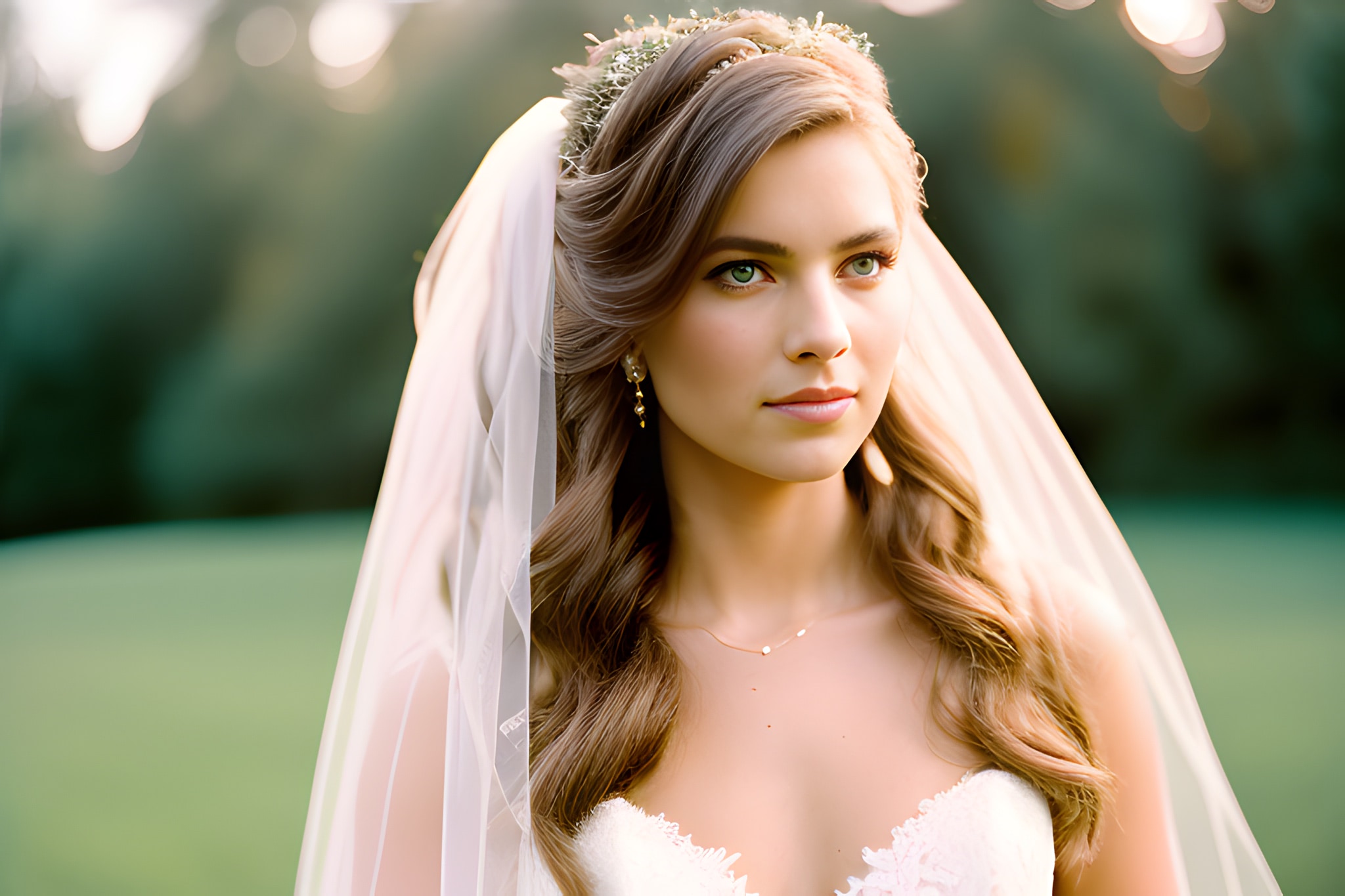 Portrait of a bride wearing a veil and floral crown.