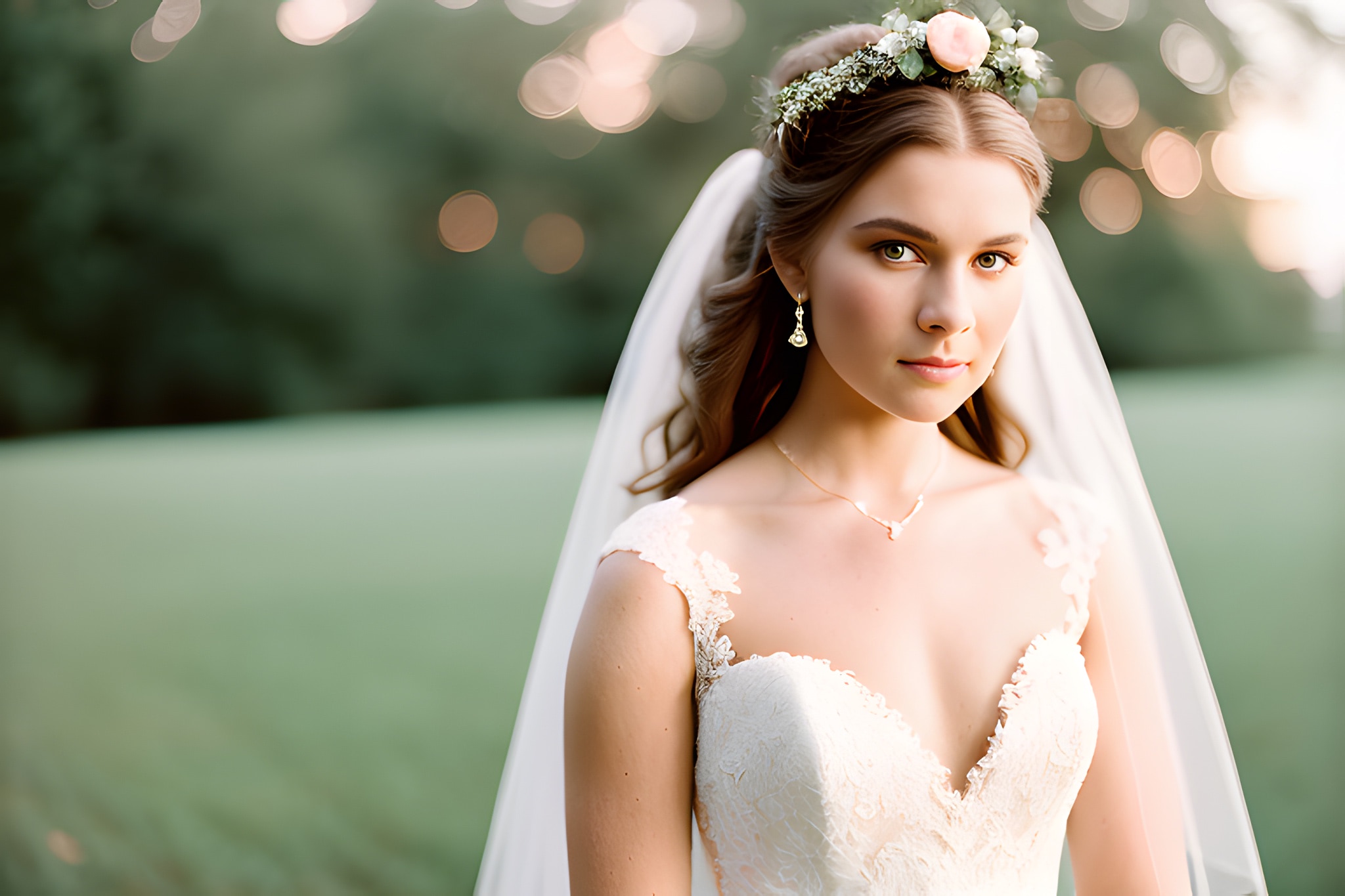Portrait of a bride in a lace wedding dress and flower crown.