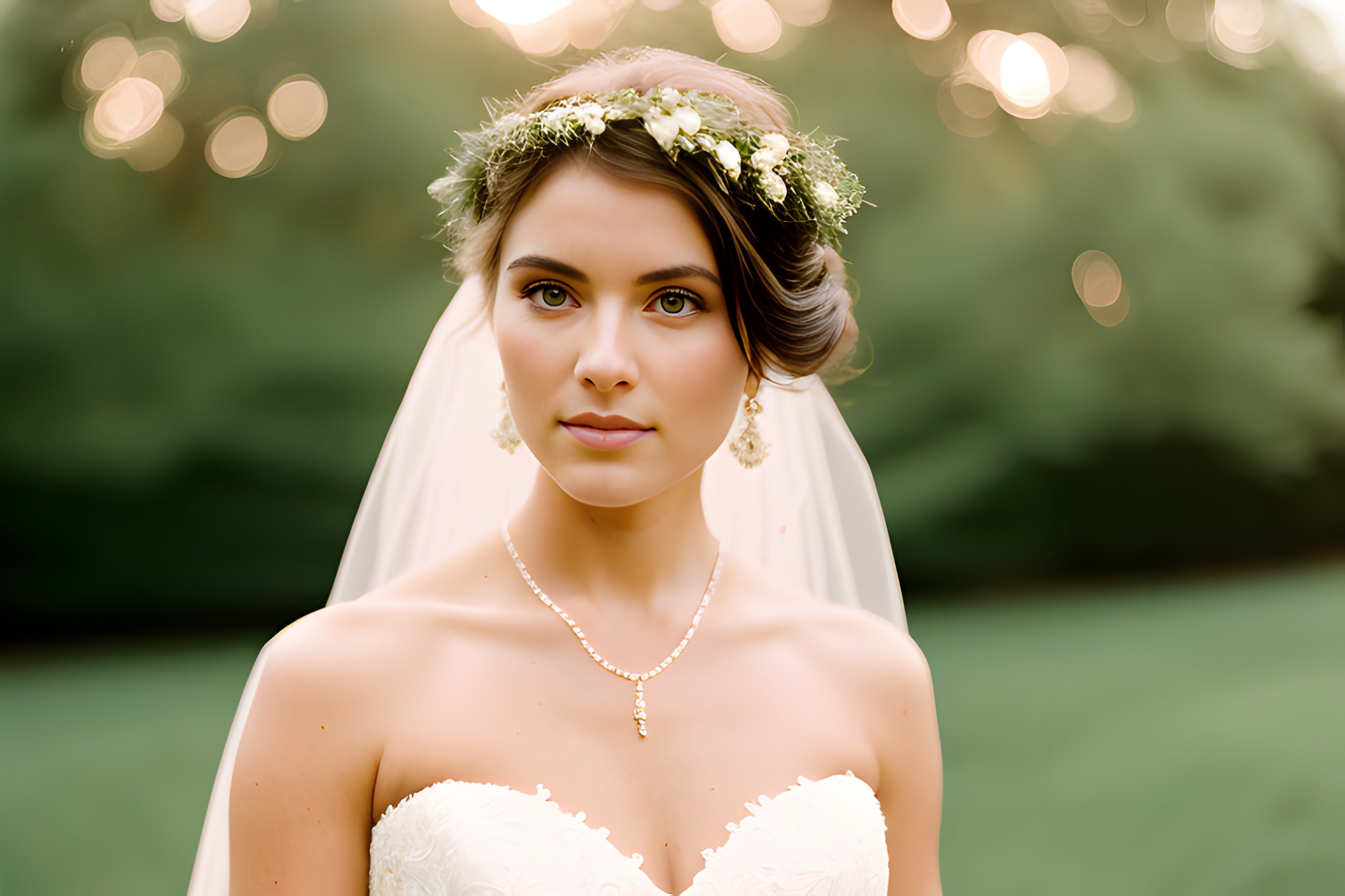 Portrait of a bride wearing a flower crown and wedding dress.