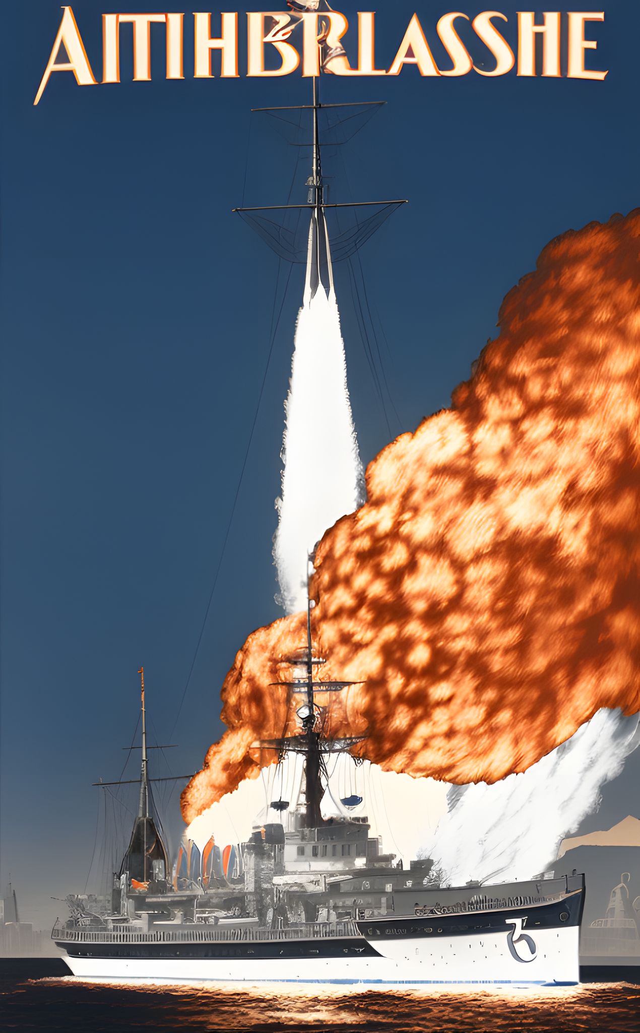 Propaganda poster: battleship launching rocket, text 'AITHIBRLASHE'.