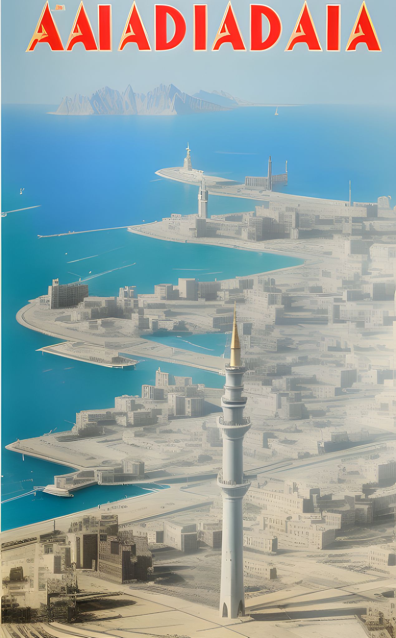 Propaganda poster depicting a futuristic coastal city with a tall tower, mountains in the background, and the word 'ADIADIA' across the top.