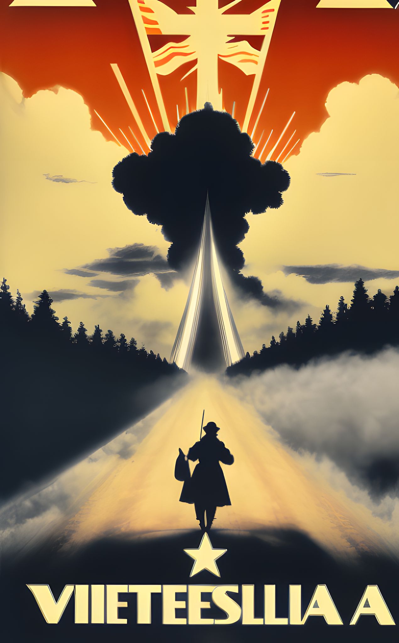 Propaganda poster depicting a lone figure walking toward a bright light emanating from a dark cloud, with text 'VIETEESLLIAA' at the bottom.