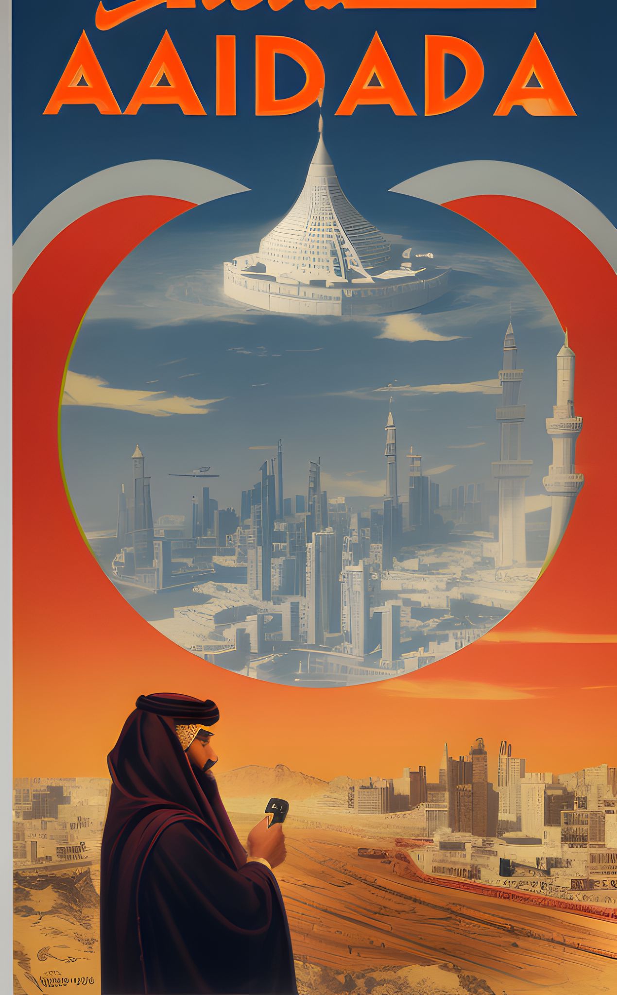 Propaganda poster advertising travel to Aaidada, depicting a futuristic city and a man in traditional clothing.
