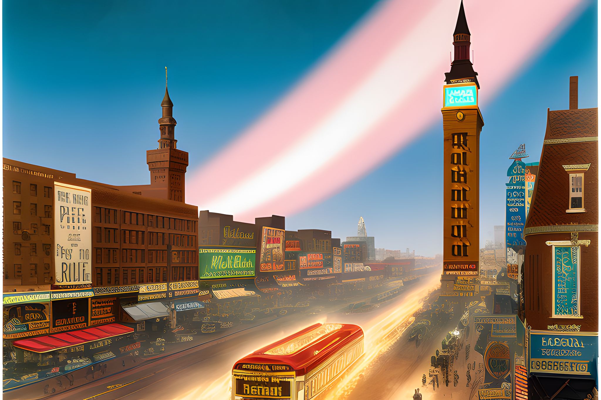 A stylized illustration of a bustling American city street scene from the early 20th century, featuring a streetcar, tall buildings with advertisements, and a clock tower.