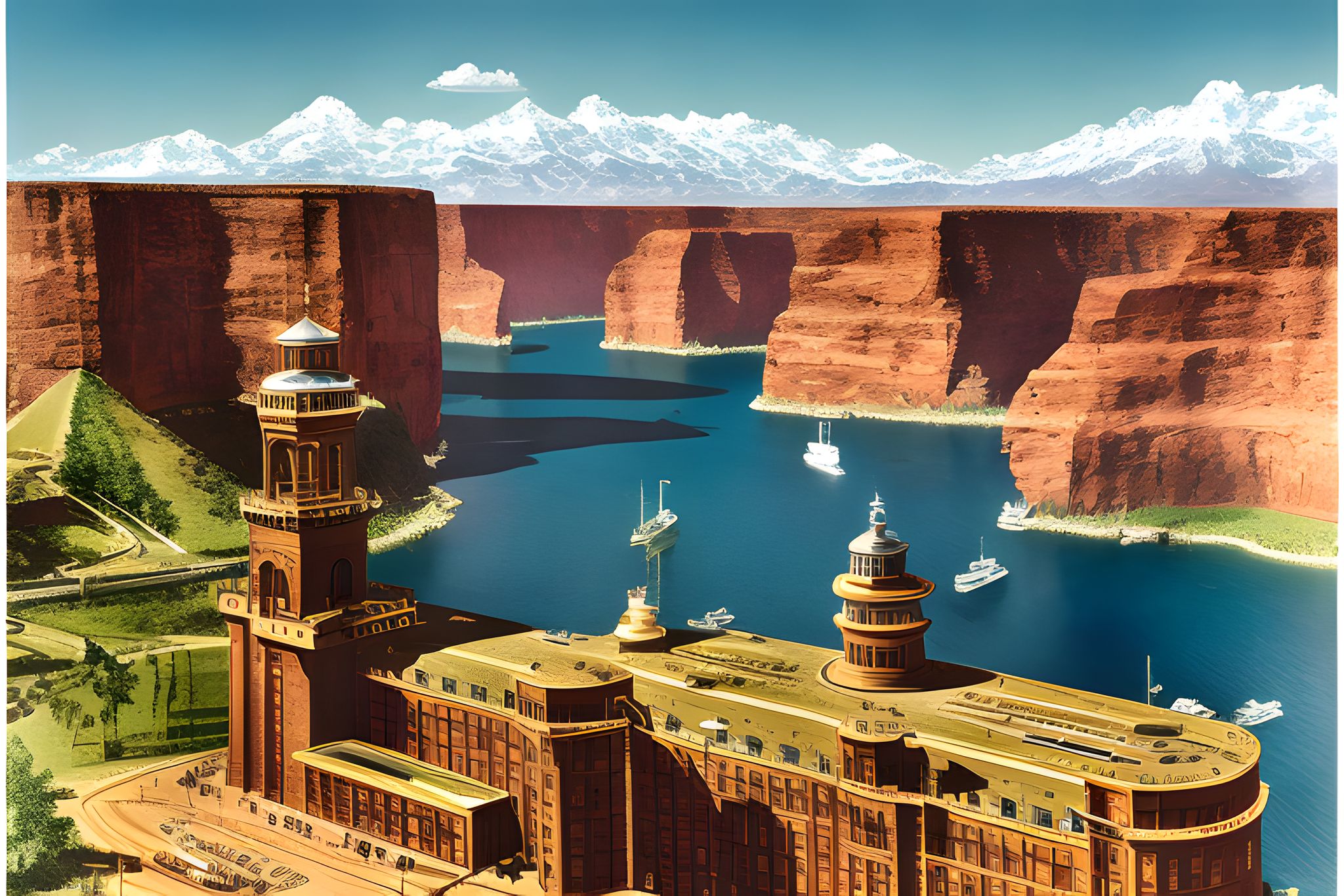 Colorado travel poster: lake, red rock cliffs, snow-capped mountains, and a large building.