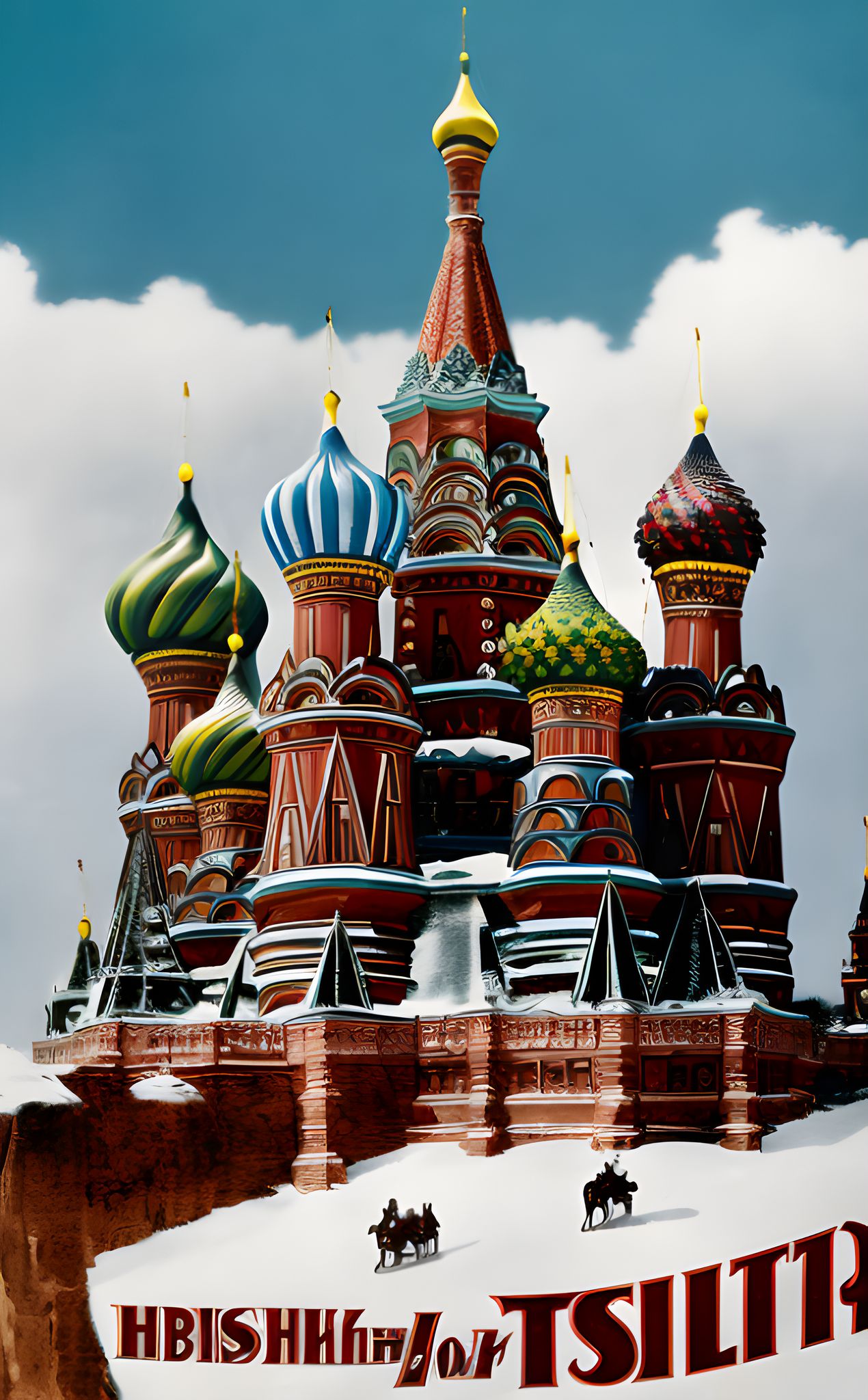 Saint Basil's Cathedral in a snowy landscape with Cyrillic text.
