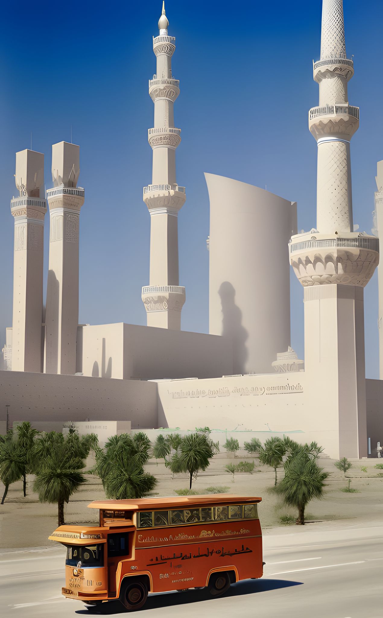 Orange tour bus in front of a mosque in Saudi Arabia.
