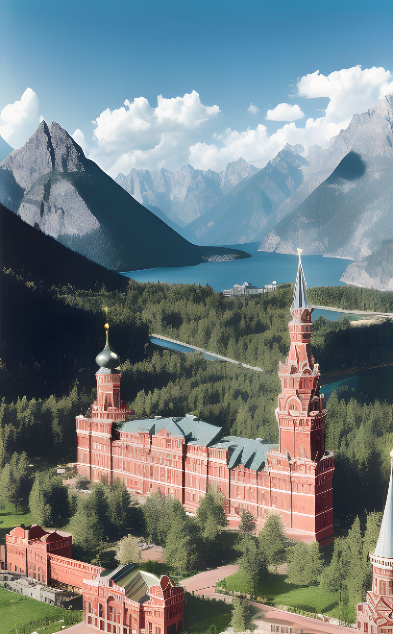 Aerial view of a large red brick building in a mountainous Siberian landscape.