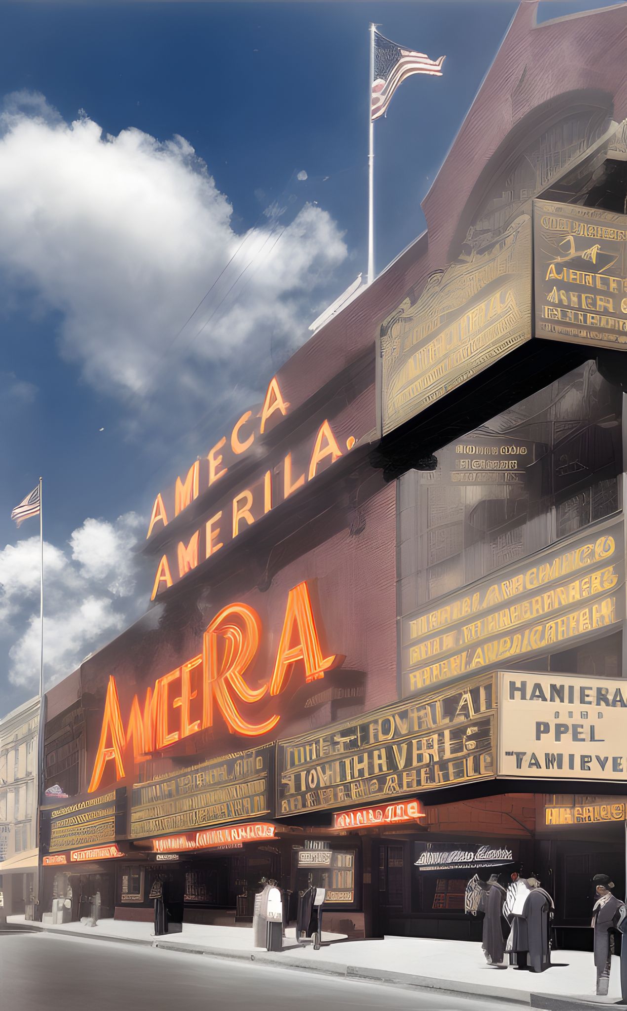 Art Deco style building with 'Amerila' signage, American flag, and people waiting outside.