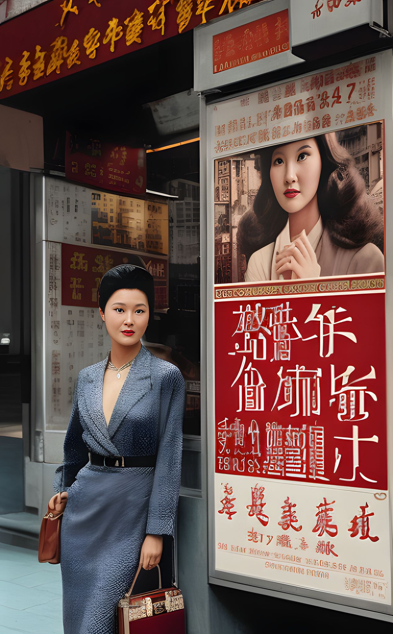 Woman in a gray dress standing next to a vintage Chinese advertisement featuring a woman.