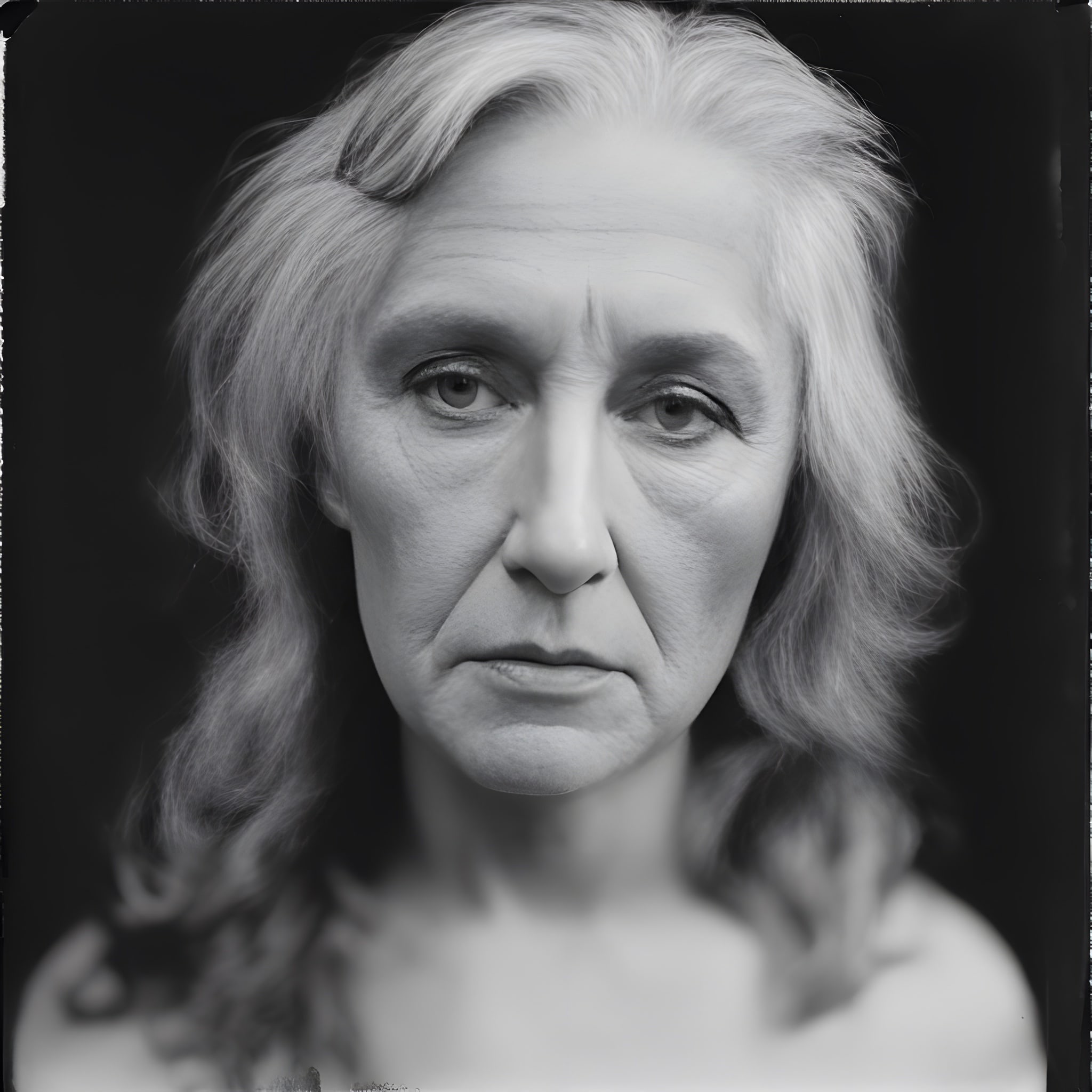 Black and white portrait of an older woman with gray hair.