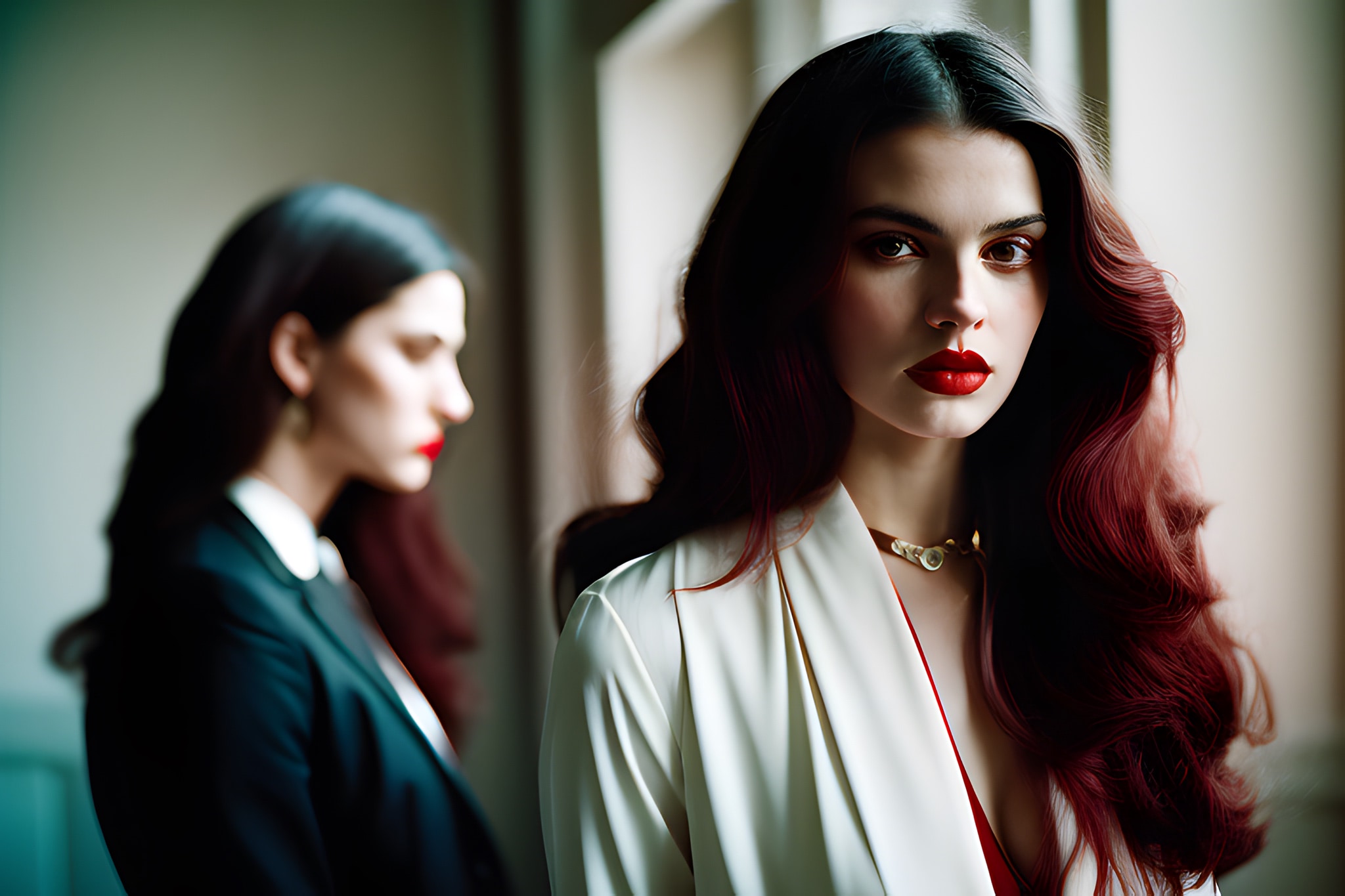 Intense portrait of a woman with long, dark red hair, wearing a white jacket and red lipstick.