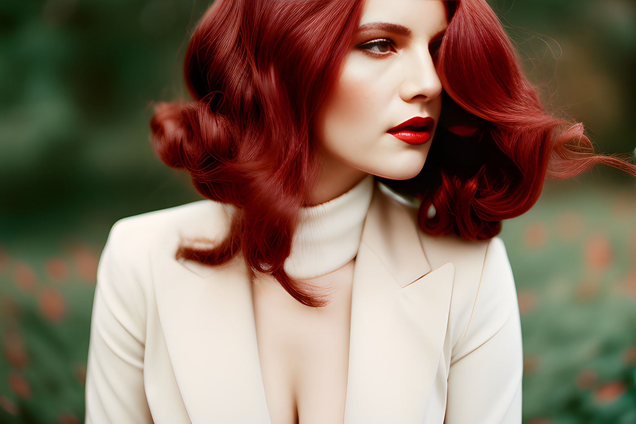Close-up portrait of a woman with long, wavy red hair, wearing a cream-colored blazer.