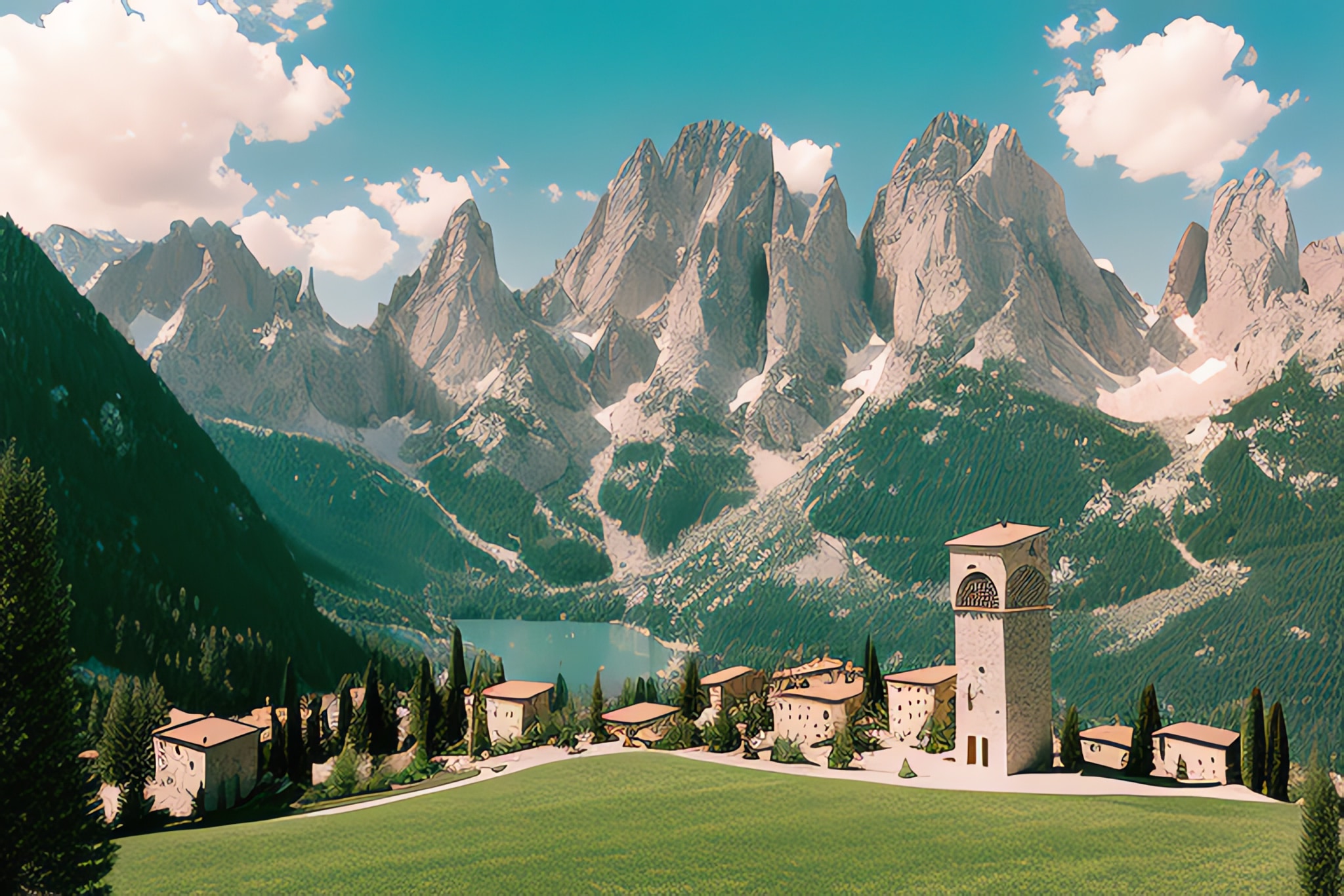 Italian mountain village with a tall tower, nestled in a valley with a lake and dramatic mountain range in the background.