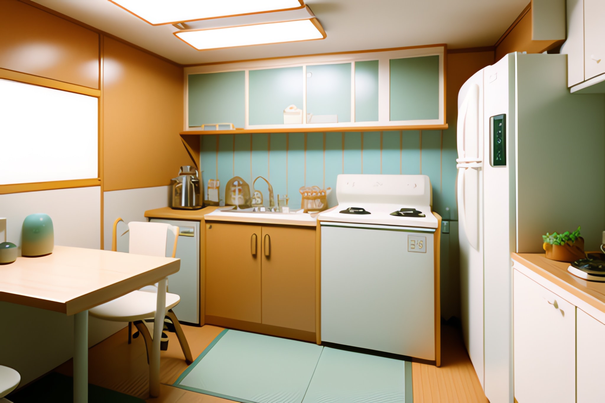 Anime-style kitchen with light wood cabinets and pale green appliances.
