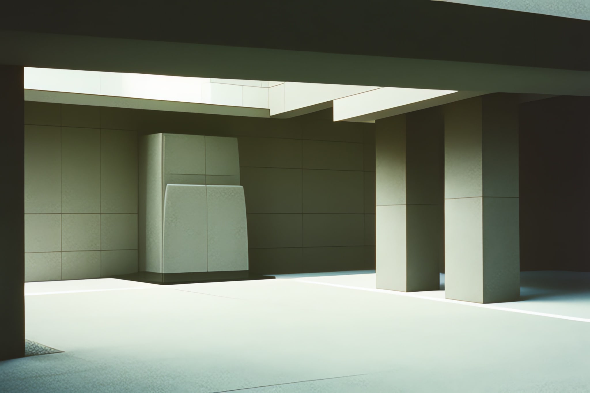 Concept art: Brutalist Japanese temple interior with large columns and a central structure.