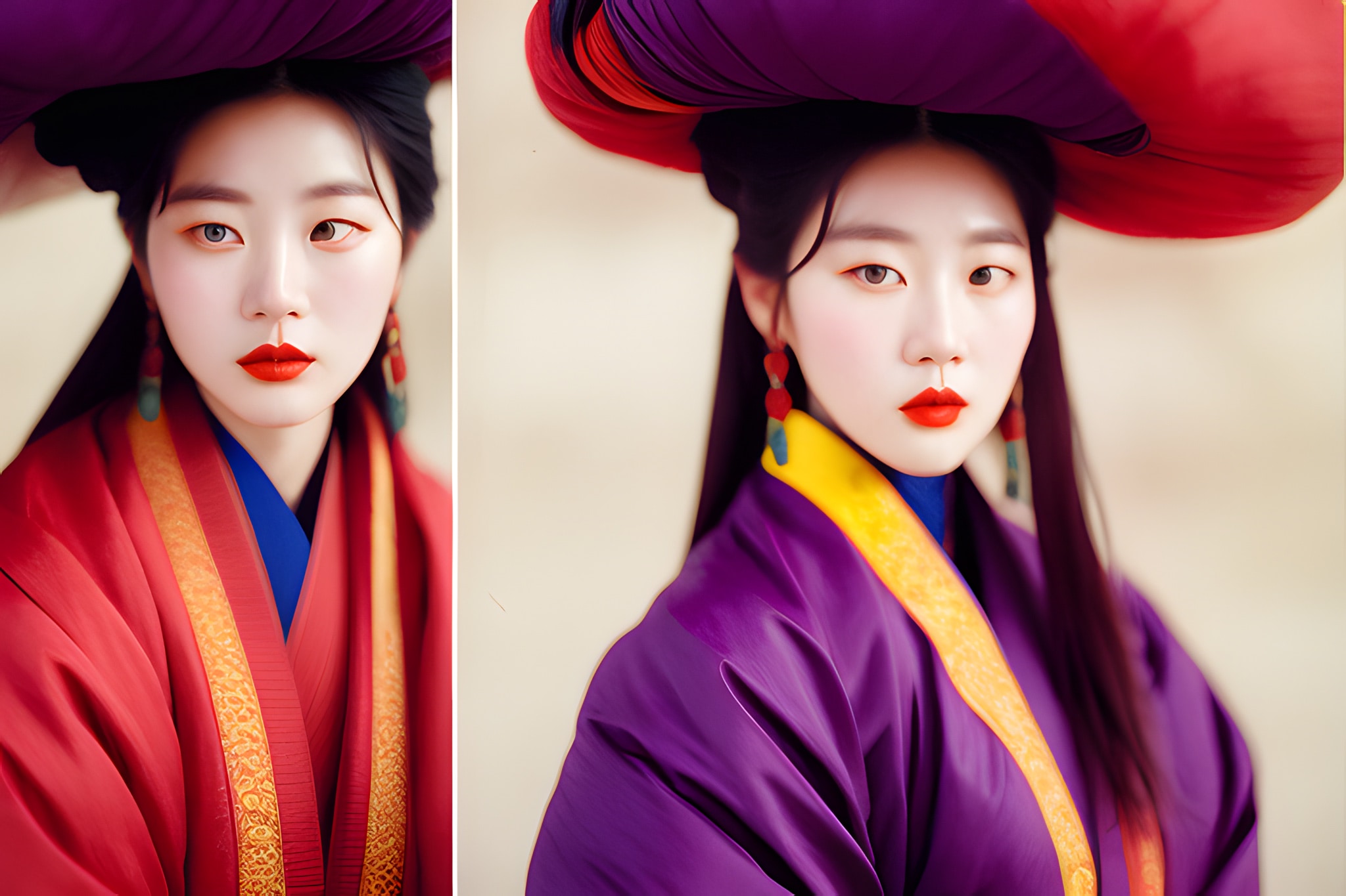 Korean model in red and purple hanbok with elaborate headpiece.