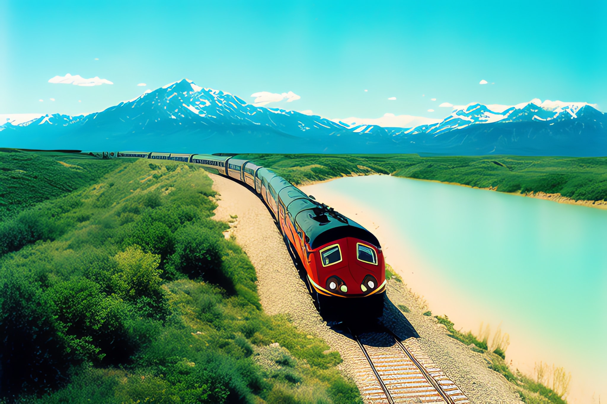 Train traveling through a mountain landscape alongside a lake.