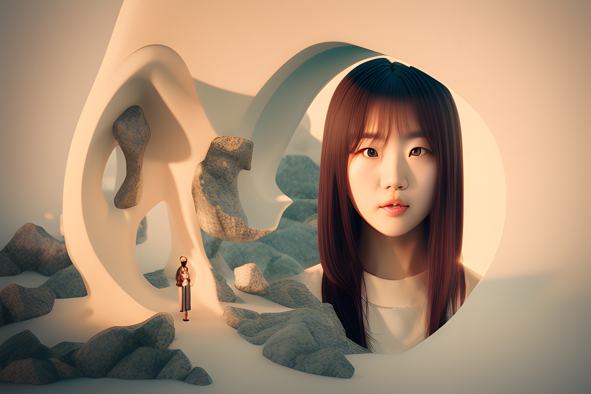 3D rendering of a young woman's face emerging from an abstract, rocky landscape.