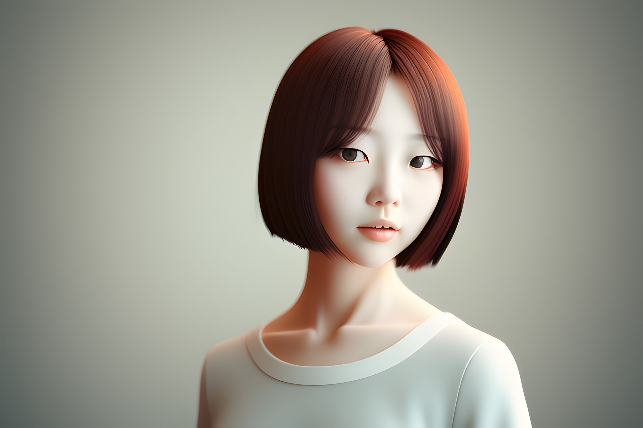 3D render of a young woman with short brown hair, wearing a white shirt.