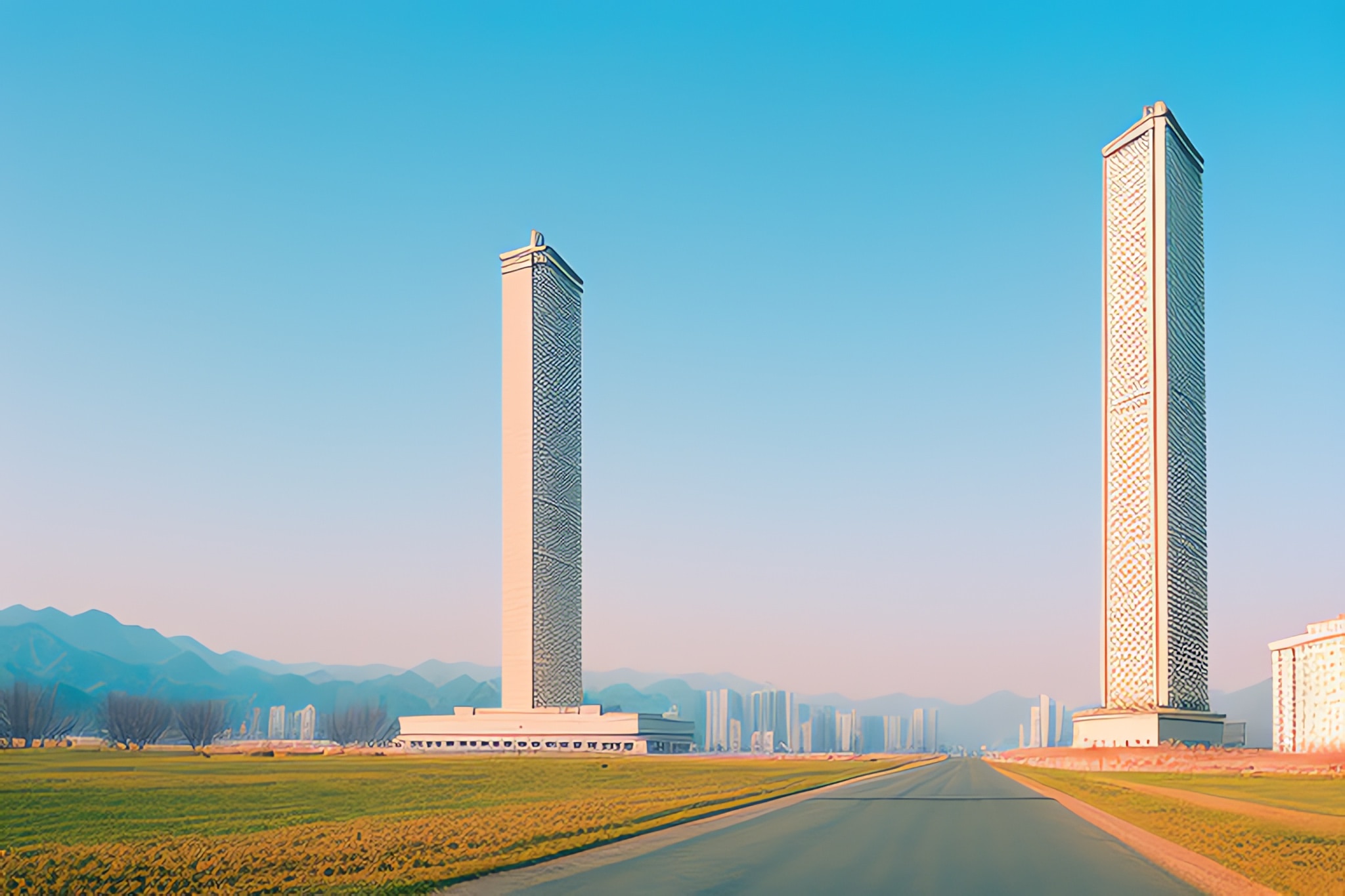Two tall, slender buildings under a clear blue sky, seen from across a road with grassy areas and distant mountains.
