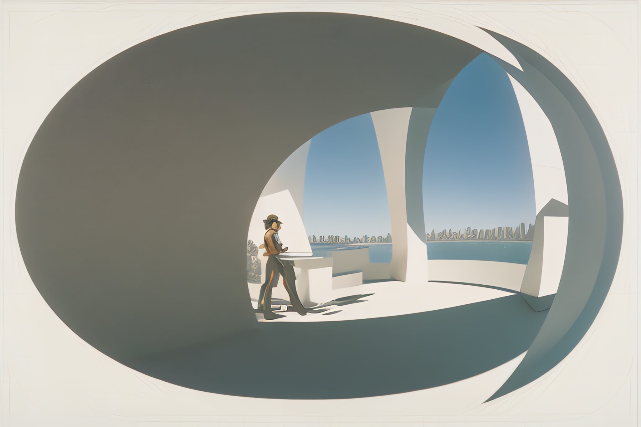 Person in futuristic clothing standing in a white, curved architectural space overlooking a cityscape.