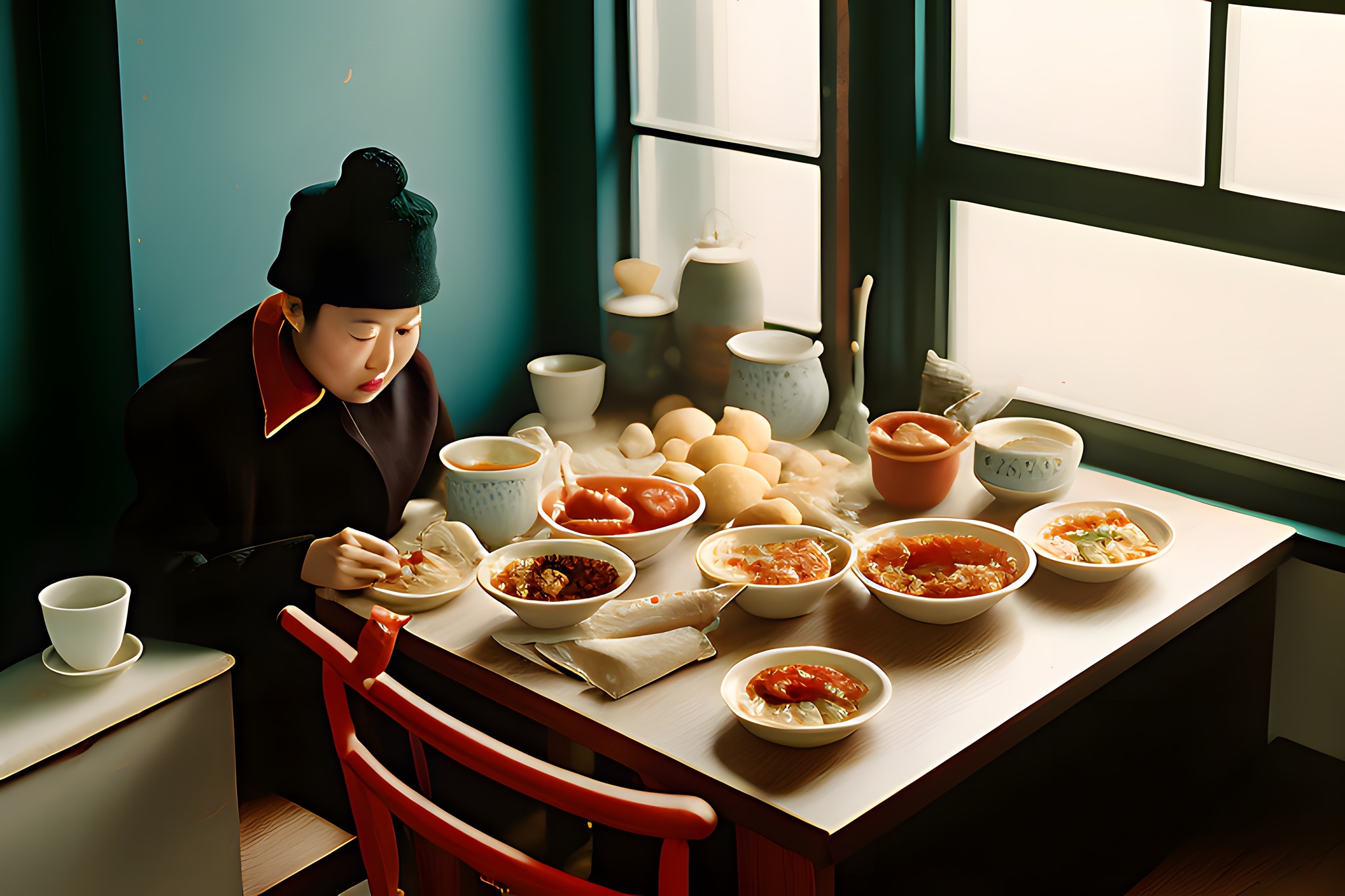 Painting of a person in traditional Chinese clothing eating a meal by a window.